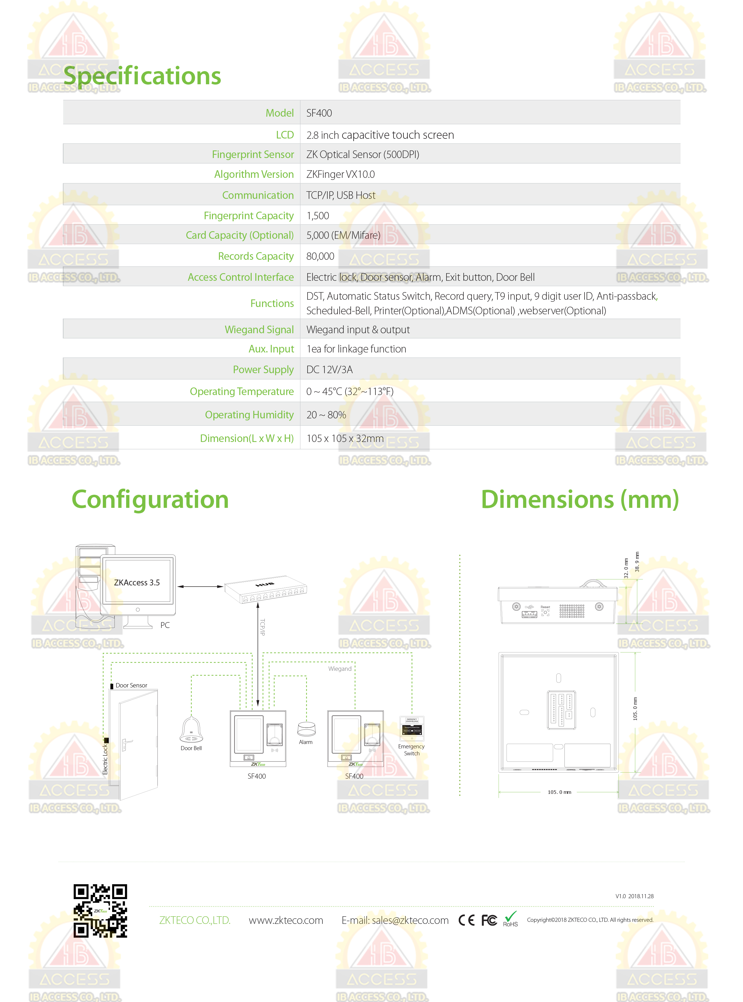 เครื่องสแกนลายนิ้วมือ ยี่ห้อ ZKTeco รุ่น SF400 รองรับระบบ Access Control