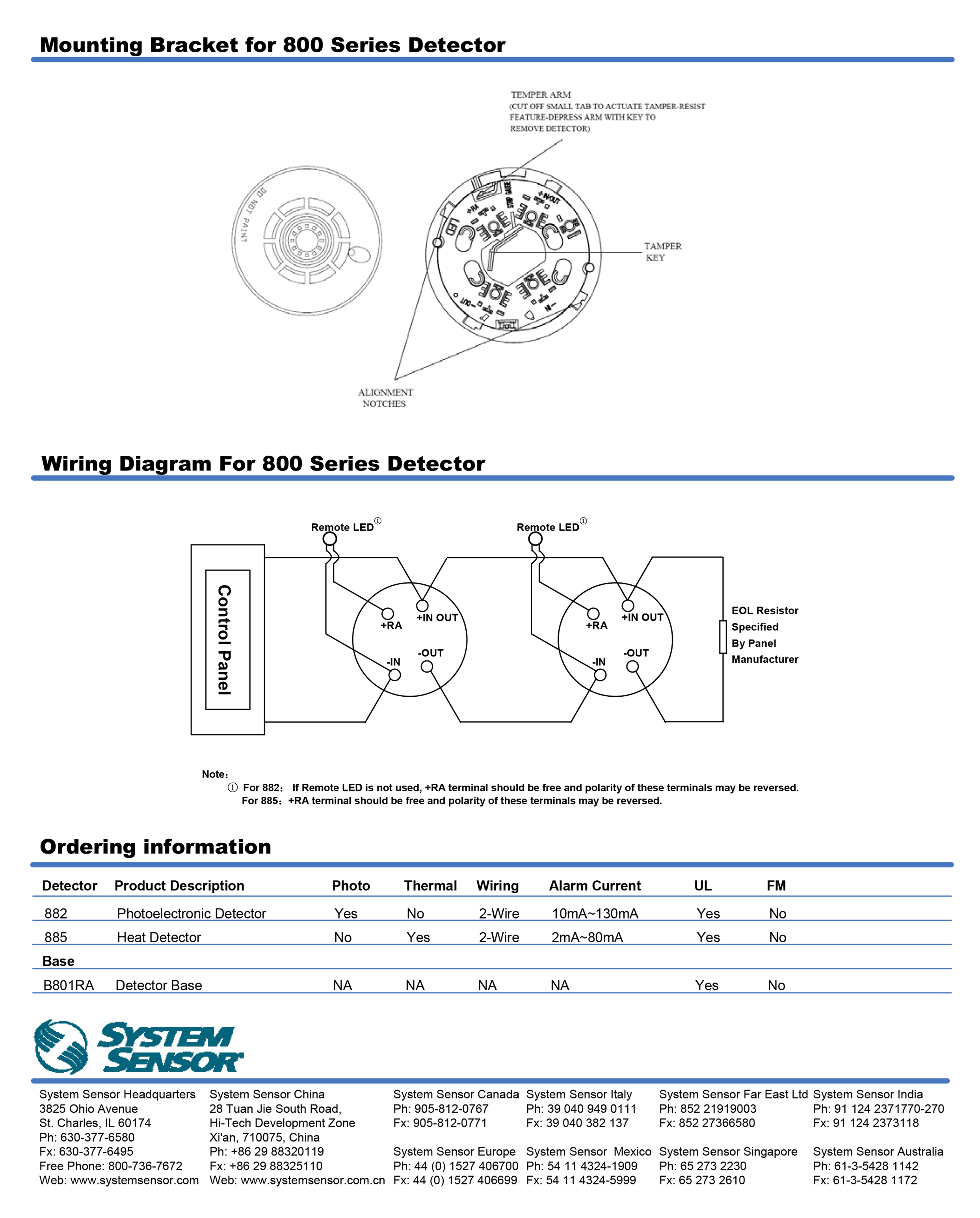 เครื่องตรวจจับควัน (Conventional Photoelectronic Smoke Detector) รุ่น 882 ยี่ห้อ SYSTEM SENSOR มาตรฐาน UL.Listed