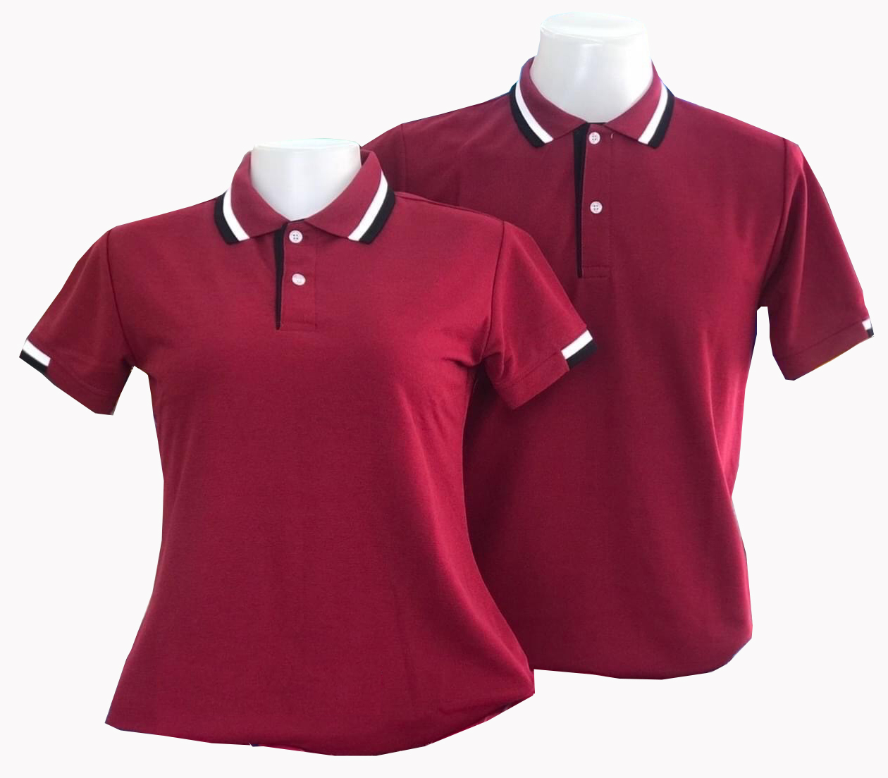 เสื้อโปโล สีแดงเลือดหมู ปก แขนทอลายเส้นสีดำ สีขาว ราคาส่ง