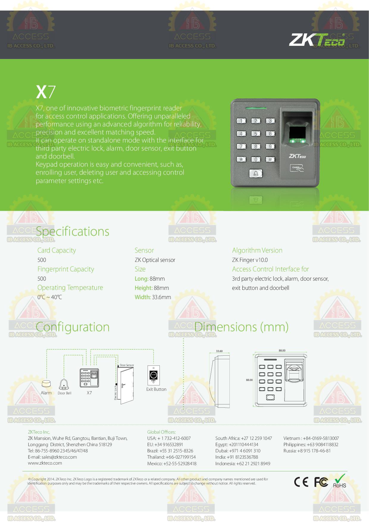 เครื่องสแกนลายนิ้วมือ ยี่ห้อ ZKTeco รุ่น X7 รองรับระบบ Access Control