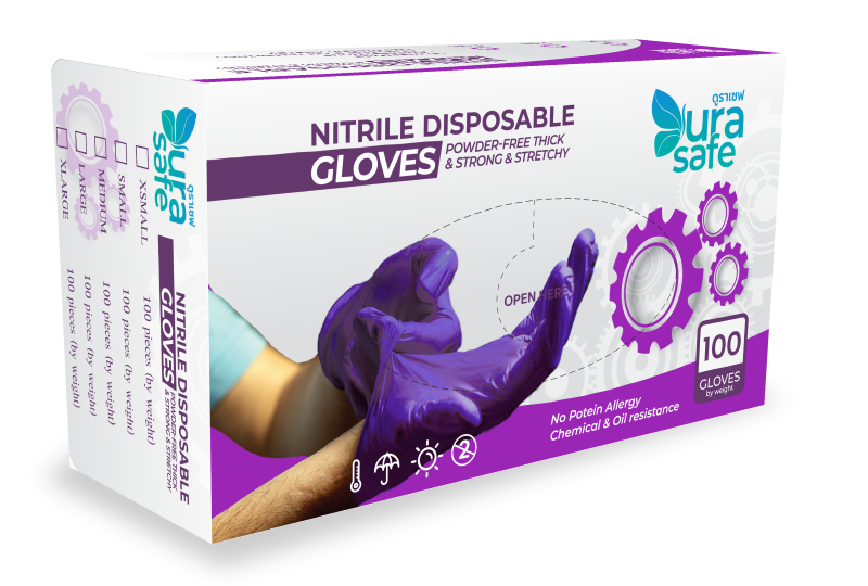 [ยกลัง 10 กล่อง] PUR60 ถุงมือไนไตรสีม่วง ไม่มีแป้ง พรีเมี่ยม ยาว 9 นิ้ว หนา 4.5 มิล หนัก 5-6 กรัม (100ชิ้น/กล่อง) แบรนด์ ดูราเซฟ