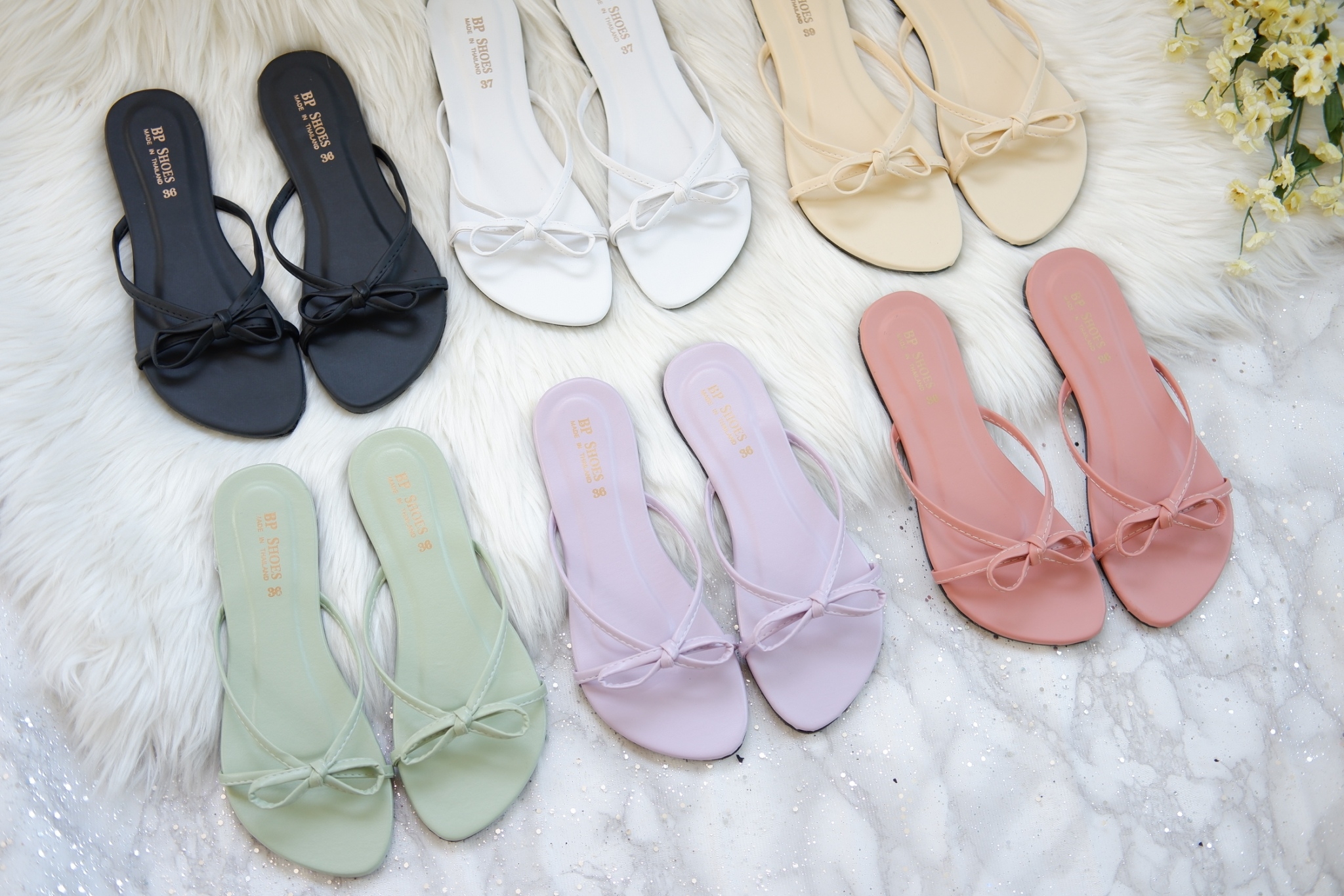 ไชร์36-42-รหัสBP068-002รองเท้าแตะสวมโบว์ผูกสุดน่า6สี-Candy