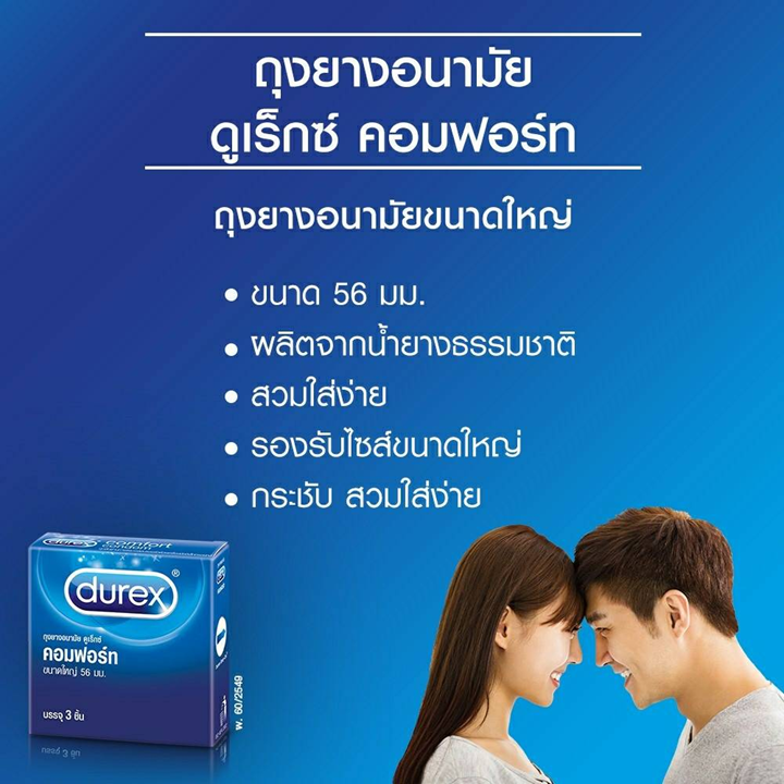 ✨Durex Comfort ถุงยางอนามัย ดูเร็กซ์ คอมฟอร์ท ขนาด 56 มม.(บรรจุ 3ชิ้น/กล่อง)