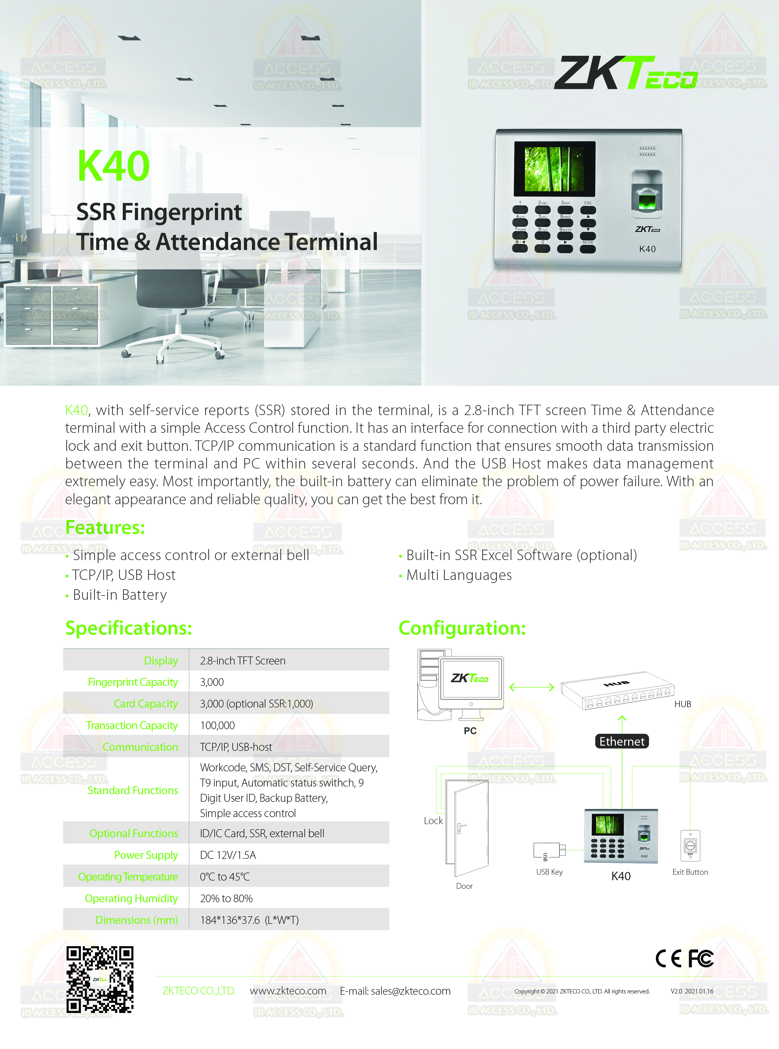 เครื่องสแกนลายนิ้วมือ ยี่ห้อ ZKTeco รุ่น K40
