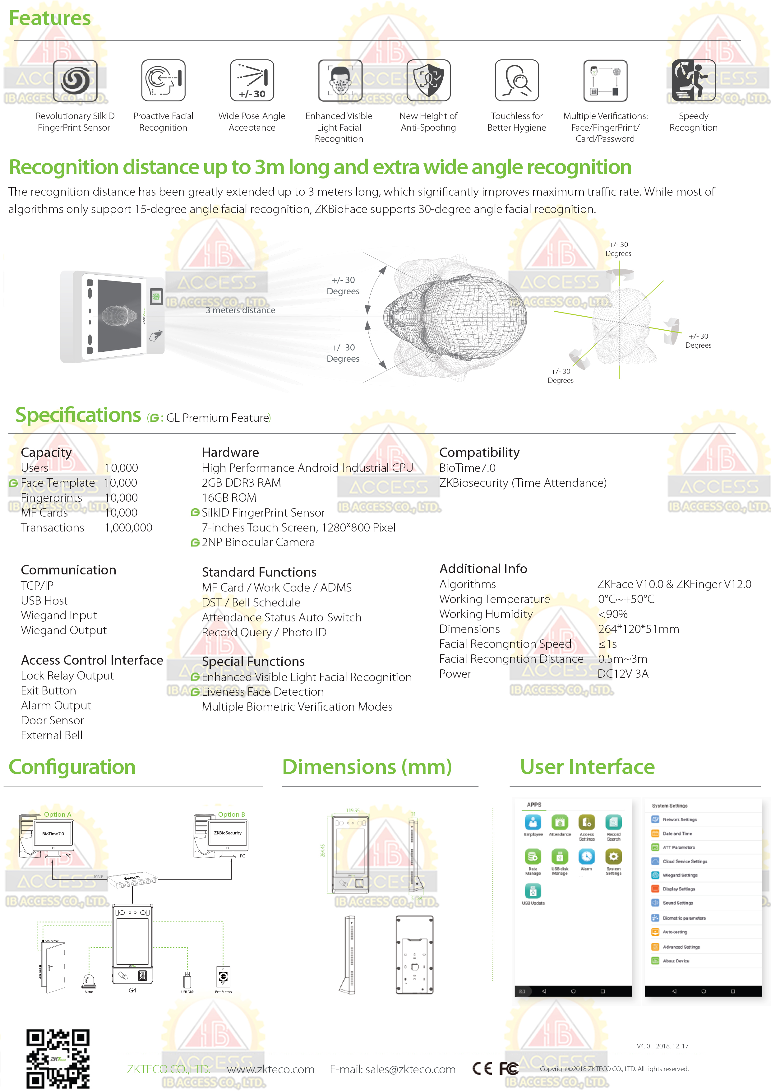 เครื่องสแกนใบหน้า ยี่ห้อ ZKTeco รุ่น G4 รองรับระบบ Access Control