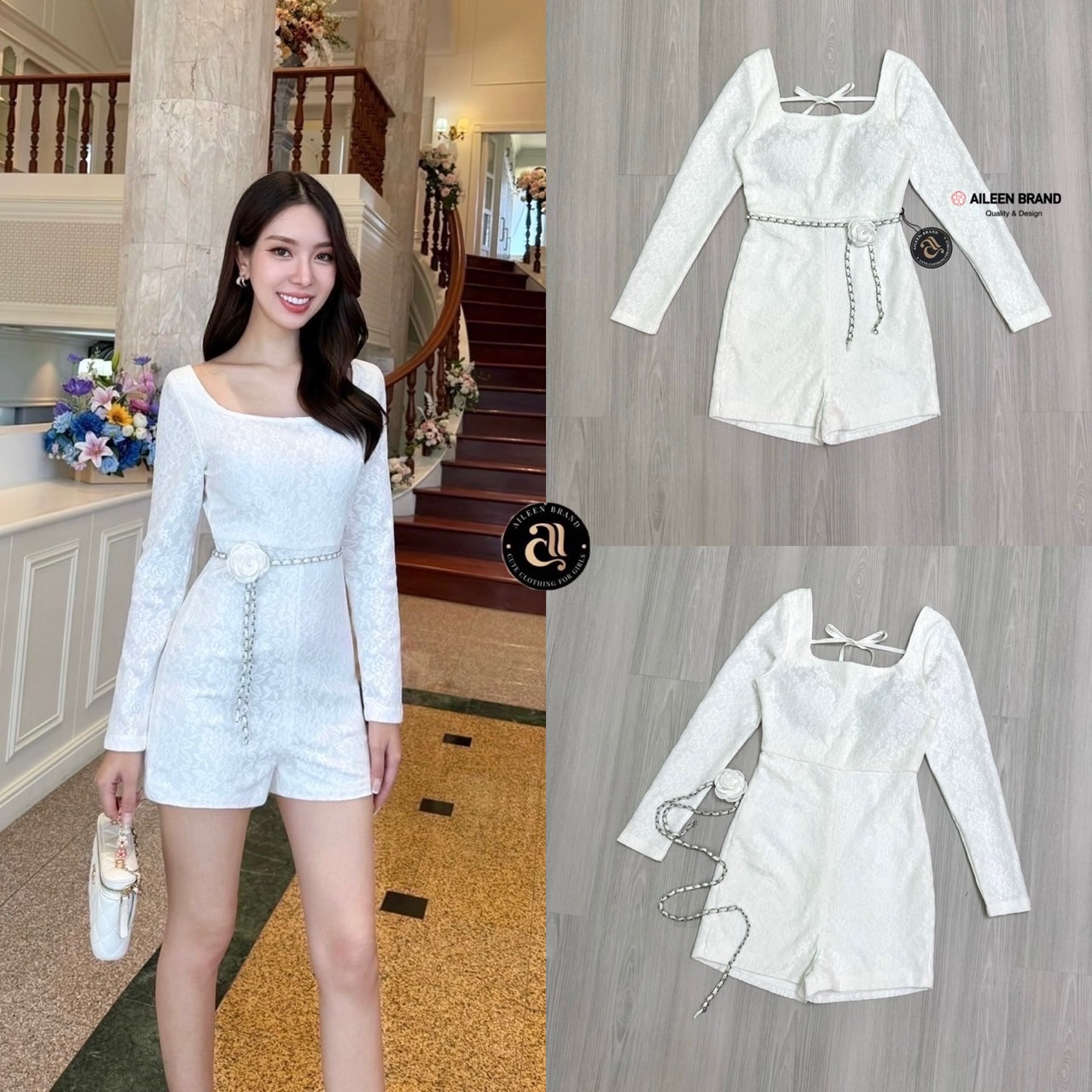 (ป้าย Aileen)👗จั๊มสูทสีขาวเนื้อผ้ามีเทกเจอร์ลายดอกไม้ คอเหลี่ยมแขนยาว