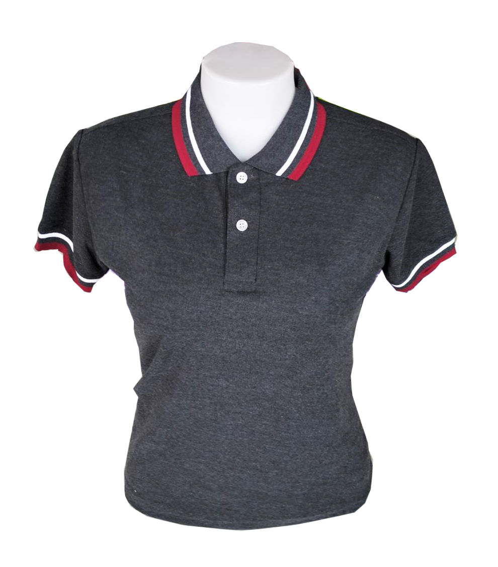 เสื้อโปโลสีเทาเข้ม ปกสีเทาเข้มขลิบสีขาว สีแดงเลือดหมู