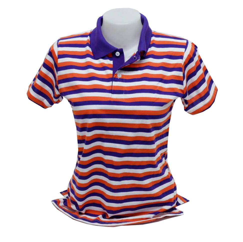 เสื้อโปโลลายทาง สีม่วง ส้ม ขาว ปกสีม่วง ซัมเมอร์โปโล ผ้าคอตตอน100%