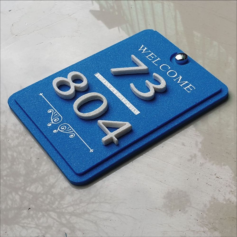 ป้ายบ้านเลขที่หินทราย welcome แบบมีทับสีฟ้า ขนาดประมาณ 13.5 x 17 cm.โมเดิร์นคลาสสิค วินเทจ ป้ายสวยๆ ป้ายทะเบียนบ้าน