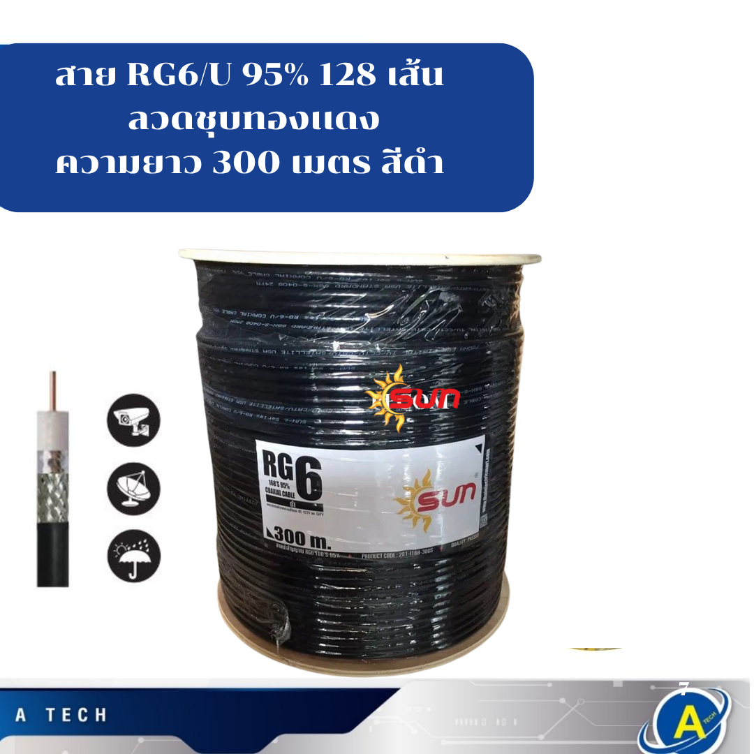 สาย RG6/U 95% 128 เส้น ยี่ห้อSUN ลวดชุบทองเเดง 305M.
