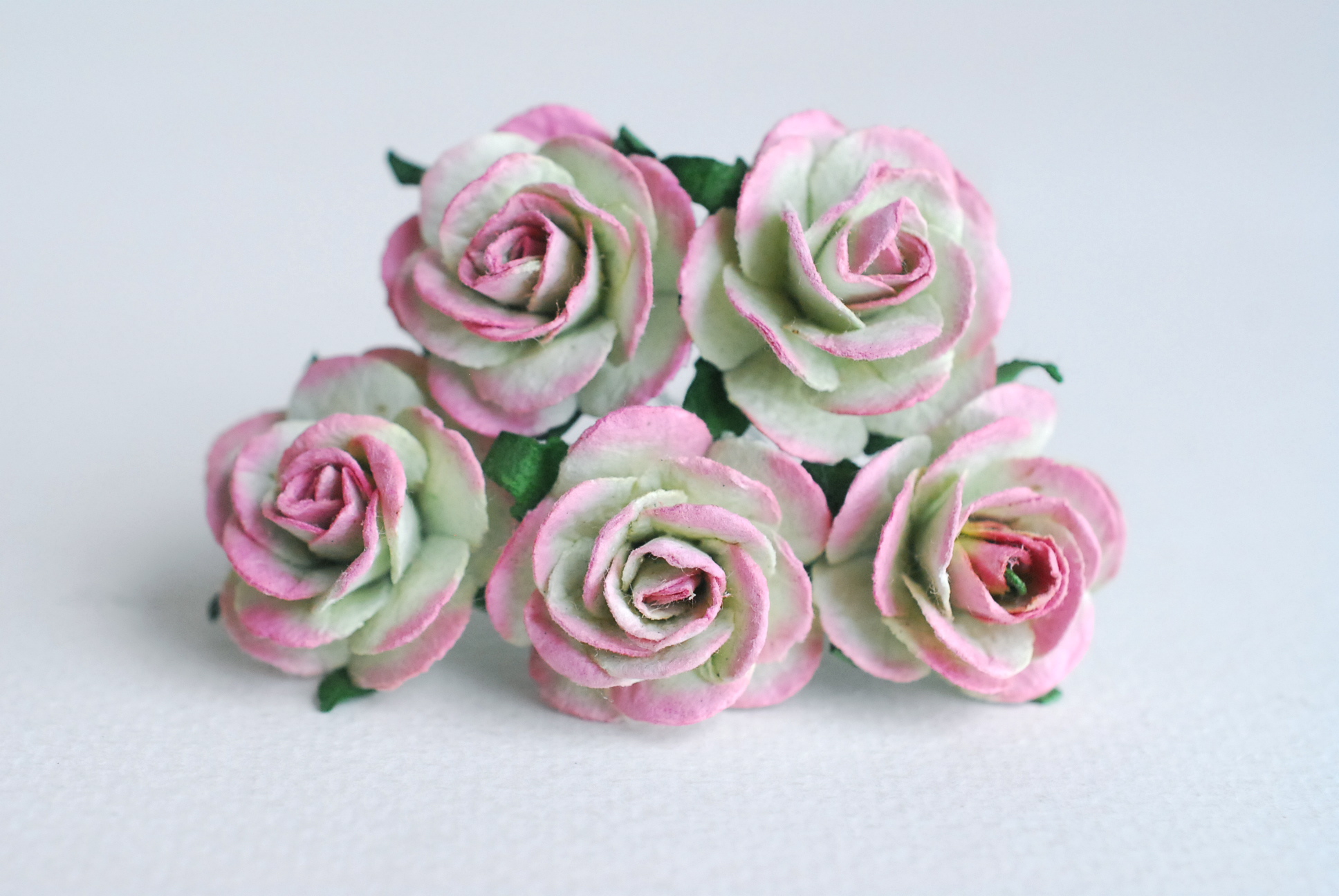 ดอกไม้กระดาษสา ดอกไม้กระดาษสา ราคาส่ง, ดอกกุหลาบกระดาษสา ดอกไม้ประดิษฐ์ สำหรับตกแต่ง หรืองานแต่งงาน สีเขียวปัดชมพูตุ่นขนาด 2.5 cm. จำนวน 50 ดอก Paper flowers, handmade flowers, small roses paper size 2.5 cm. 50 pieces, green brush pink color.