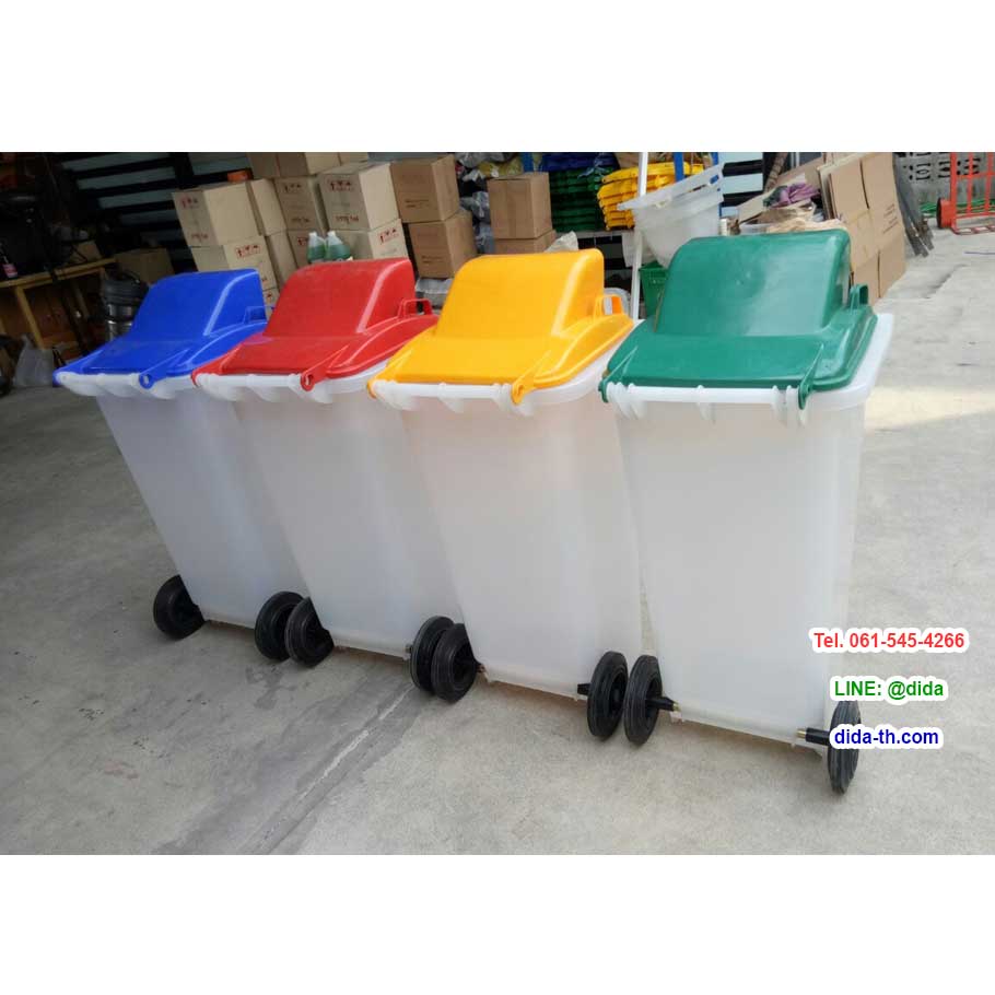 ถังขยะเทศบาล ใส ทรงเหลี่ยม ฝาสี 1 ช่องทิ้ง พร้อมล้อเข็น 120 ลิตร