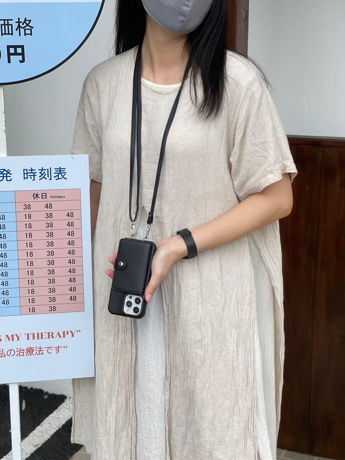 Leather card x neck strap (black colors) case