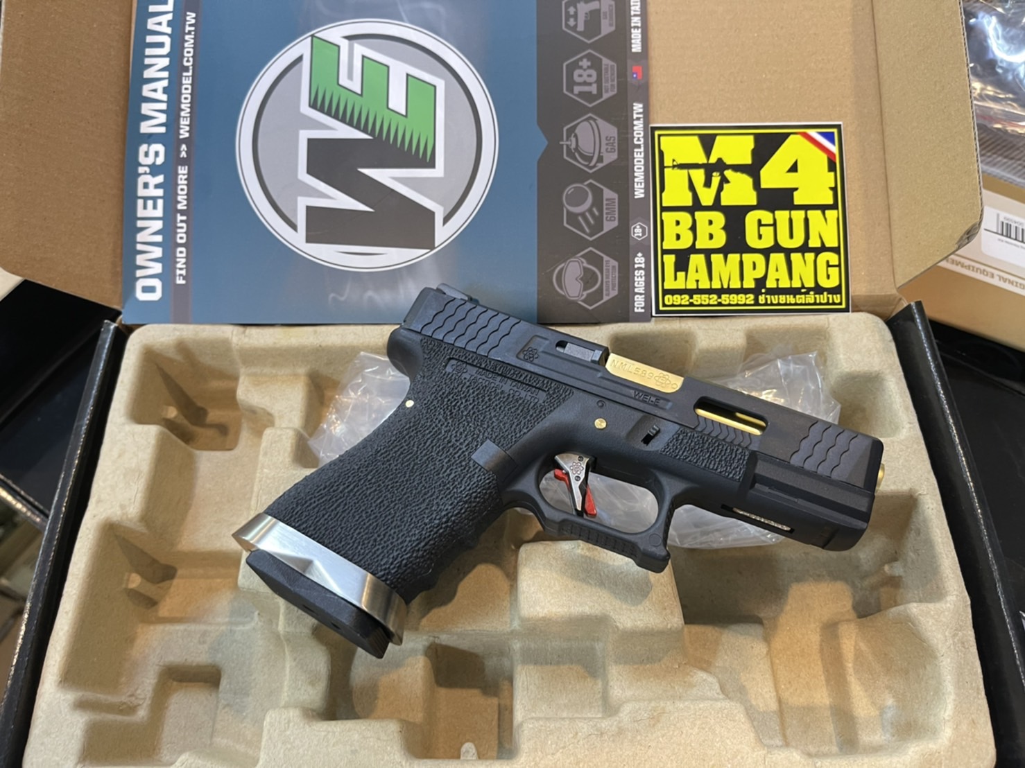 WE Glock19 G-Force Custom – เฟรมดำ สไลด์ดำ ลำกล้องทอง