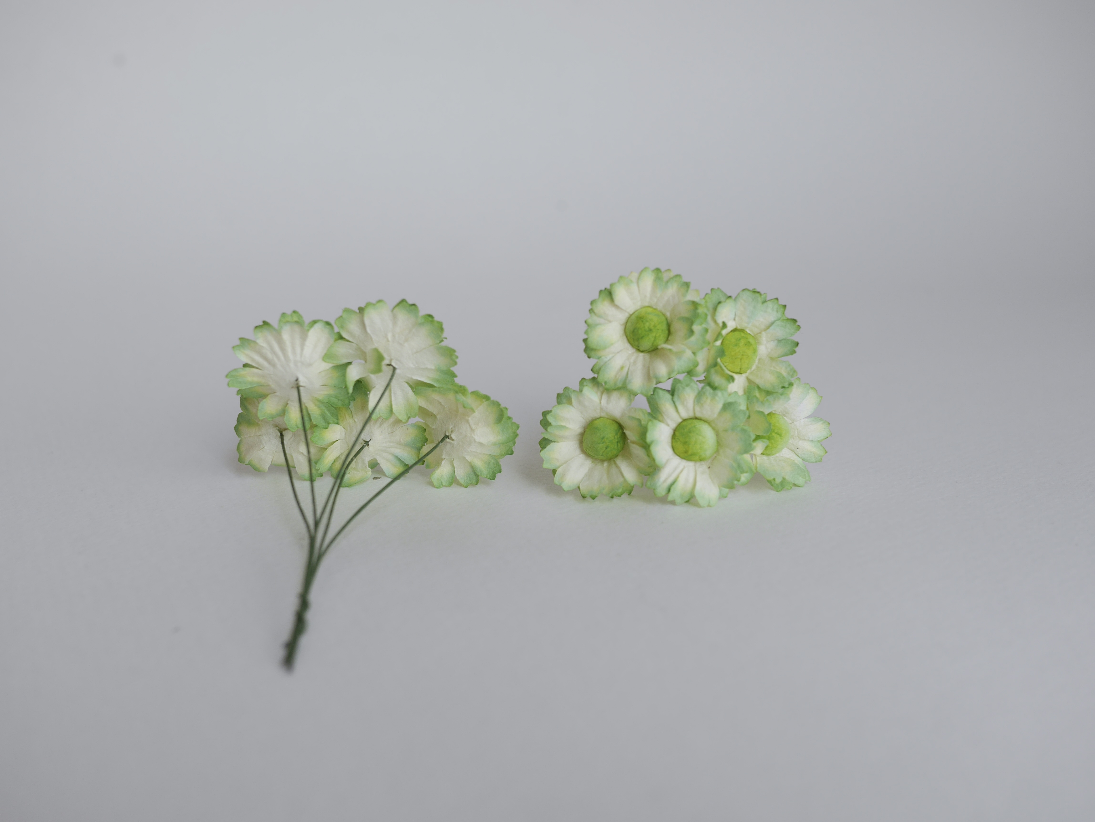 ดอกไม้กระดาษสา ดอกไม้ประดิษฐ์จากกระดาษสา ดอกเดซี่ เกสรสีทอง ดอกไม้กระดาษสาขายส่ง ดอกไม้ประดิษฐ์ ดอกไม้ทำข้อมือเพื่อนเจ้าสาว ดอก daisy ขนาด 3 cm. จำนวน 25 ดอก สีเขียว Paper Flower, 25 Daisy Flowers, green color, size 3 cm., green pollen.