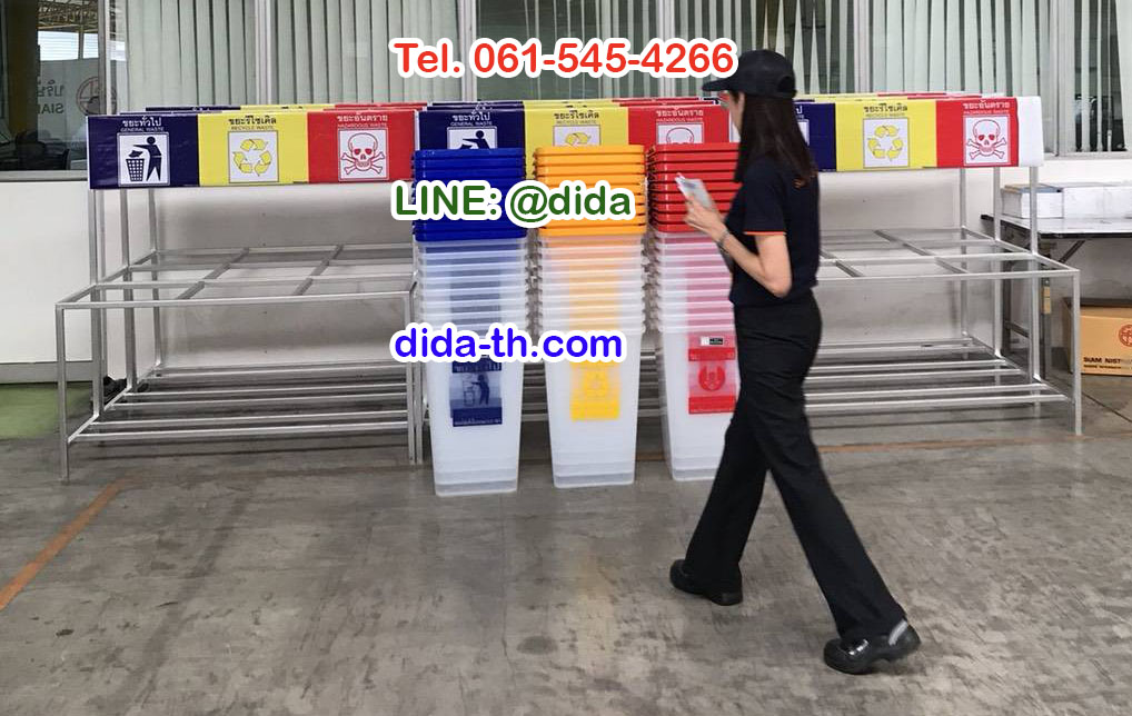 แท่นวางถังขยะ 60 ลิตร 3 ช่อง มีป้ายแผงหลัง