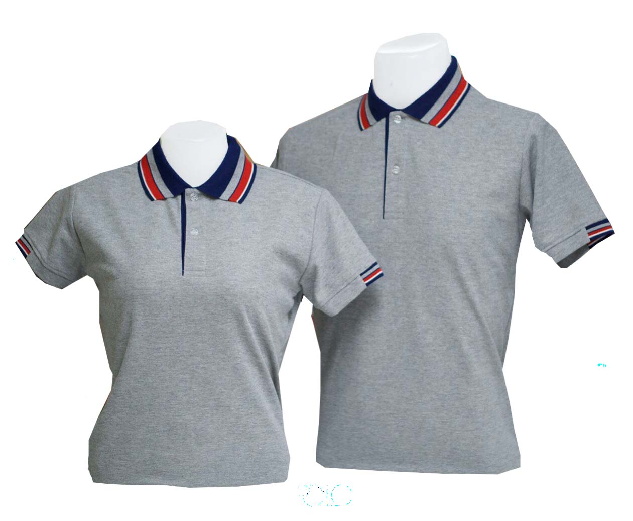 เสื้อโปโลสีเทาอ่อน สีเทาท็อปดราย ปกสีน้ำเงินกรมท่า สีเทาอ่อน สีแดง สีขาว แขนจัีมครึ่งเดียว