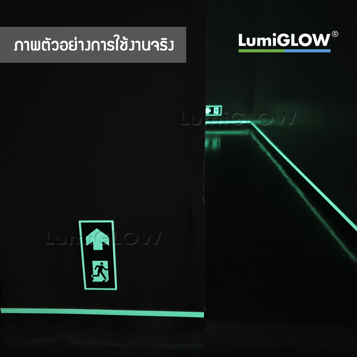 ป้ายทางออกหนีไฟเรืองแสง LumiGLOW มาตรฐาน วสท. 15 x 33 cm (เกรดญี่ปุ่น) เรืองแสงผ่านมาตรฐาน DIN-67510 Class C