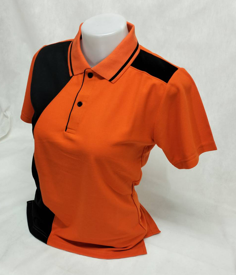 เสื้อโปโลหญิงสีส้ม แต่งแบบด้วยดำ TC แขนปล่อย พร้อมส่ง