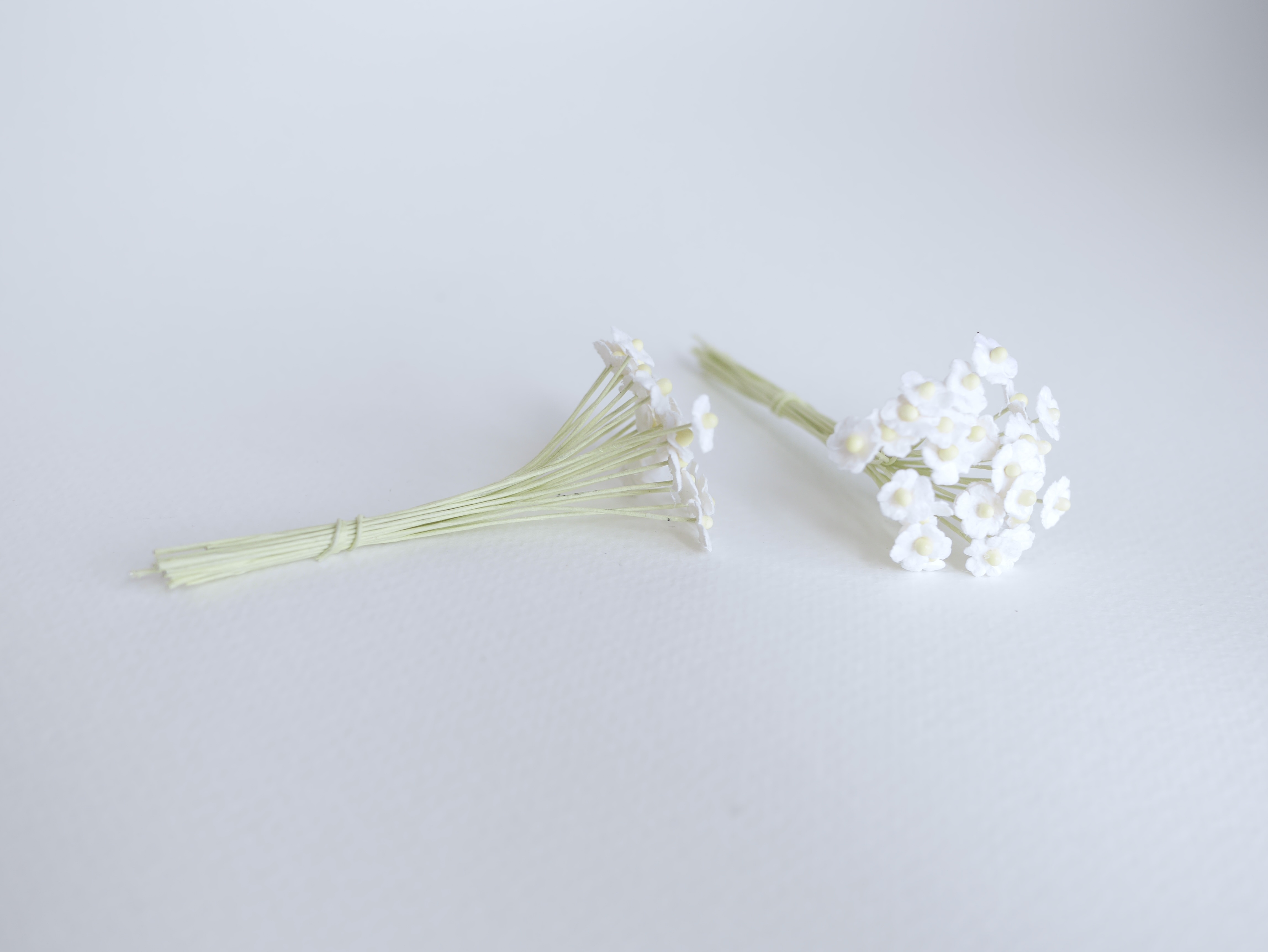 ดอกไม้กระดาษสา ดอกไม้กระดาษสาราคาส่ง ดอกไม้กระดาษสำหรับตกแต่ง งานแต่งงาน หรือติดของชำร่วย ดอกไม้จิ๋ว 100 ดอก ขนาด 0.6 cm. สีขาว Small Paper Flower with stem, , 100 pcs., size 0.5 cm., small creeping ladies flowers 1 layer, white color.