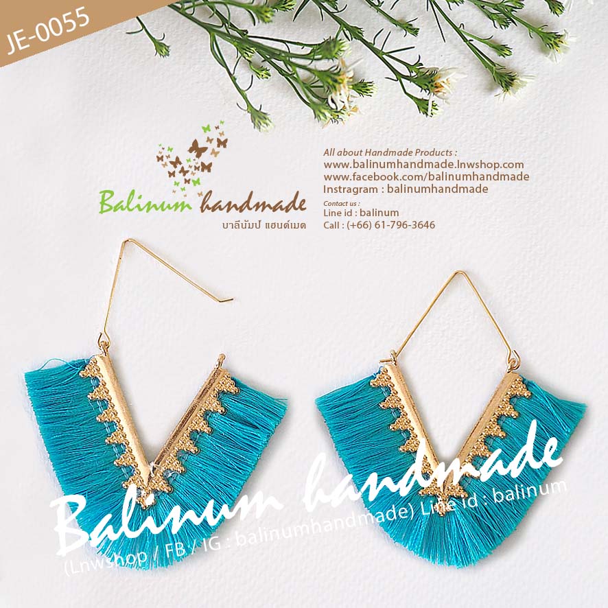 Bohemian Handmade Earring ต่างหูแฮนด์เมด ประดับพู่สีฟ้า สไตล์โบฮีเมียน เก๋มากค่ะ