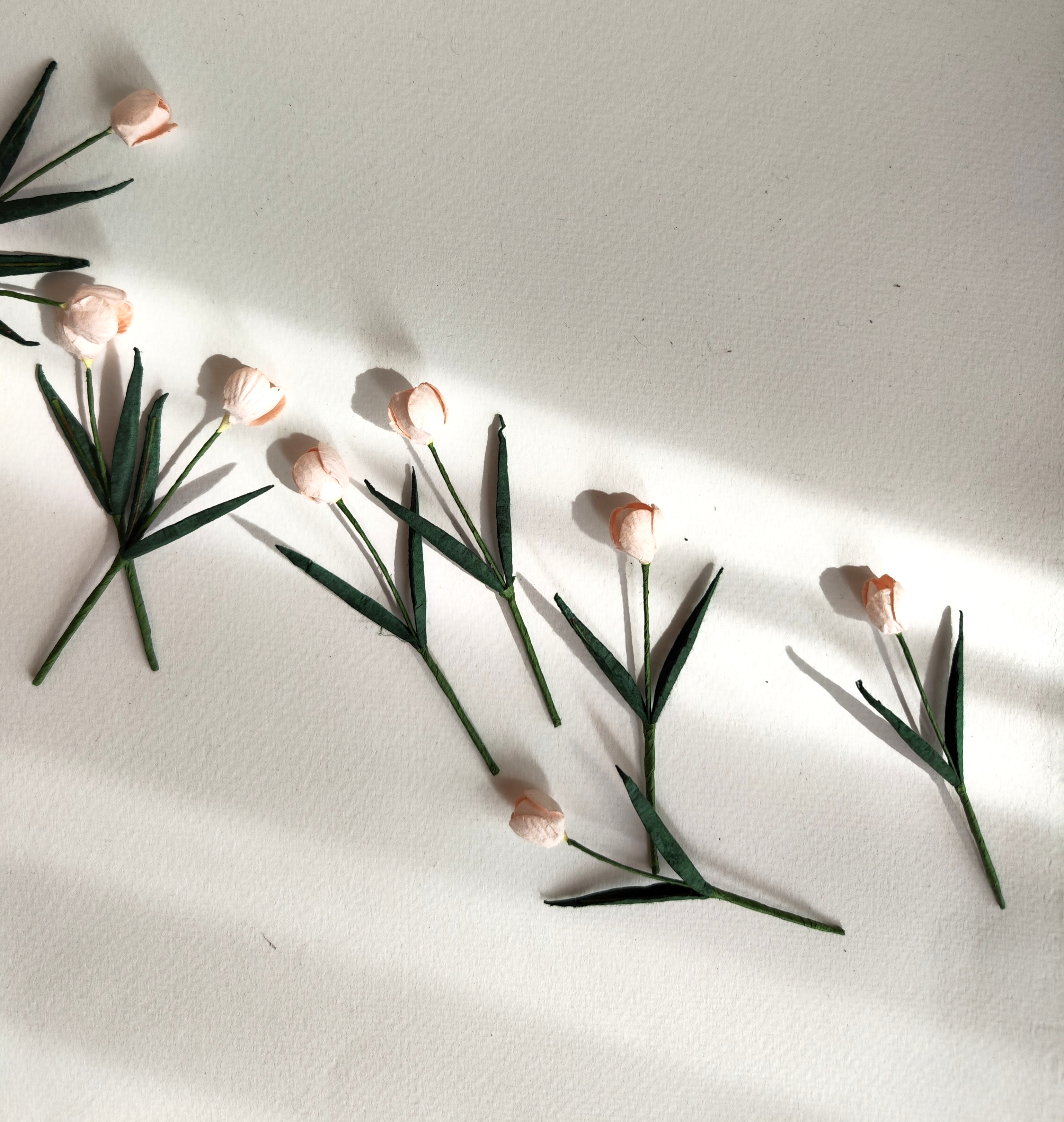 ดอกไม้ประดิษฐ์, ดอกไม้กระดาษสา, ดอกtulips, ดอกทิวลิปส์, ก้านสีเขียว เกสรสีขาว งานประดิษฐ์ตกแต่งของชำร่วย, ทำการ์ดรับเชิญ, ช่อดอกไม้ขนาดเล็ก, ขนาด 1.5 cm. สีชมพูพีชอ่อน, pale pinkcolor.