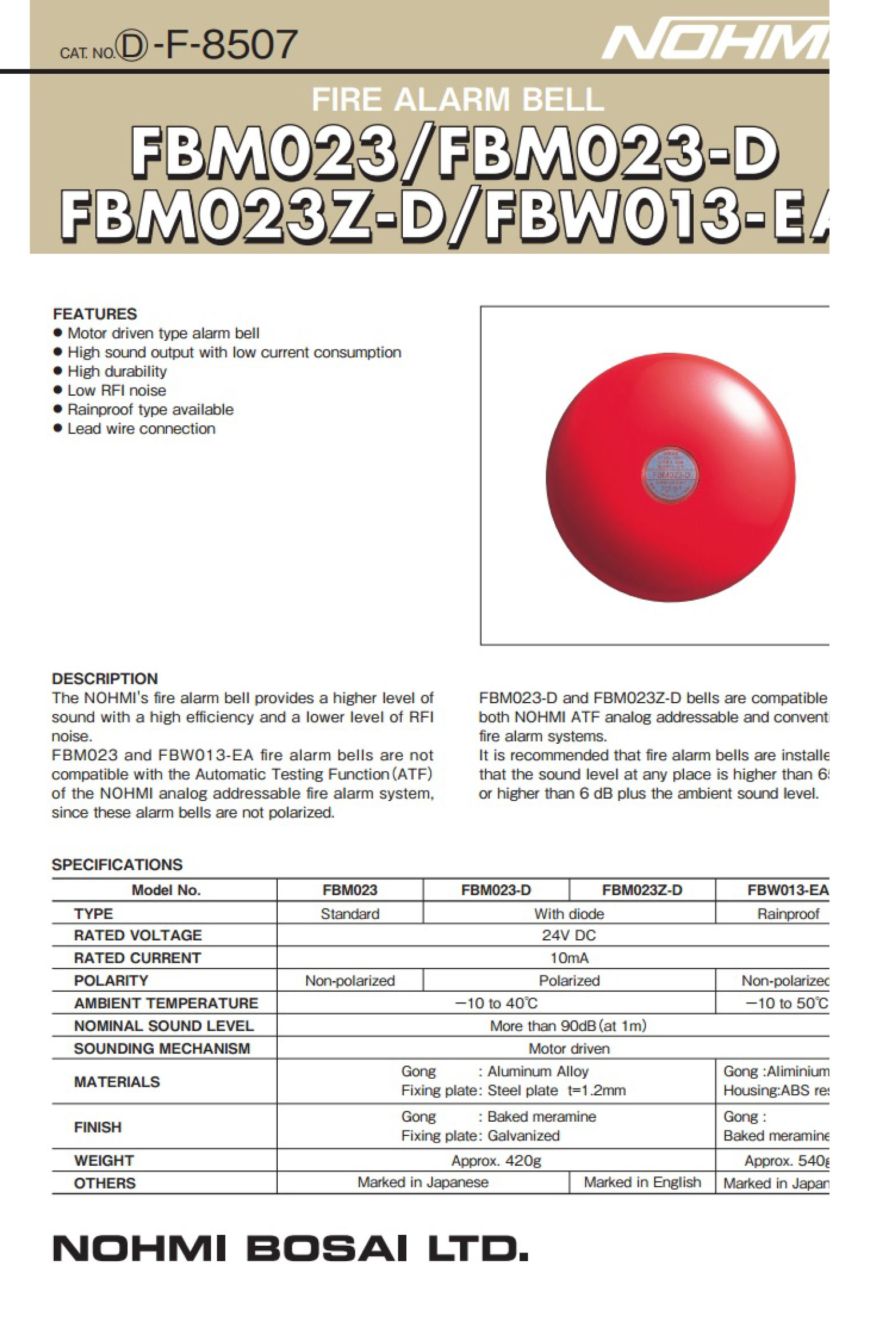 "NOHMI" Model FBW013-EA (Notification Appliances and Lamps