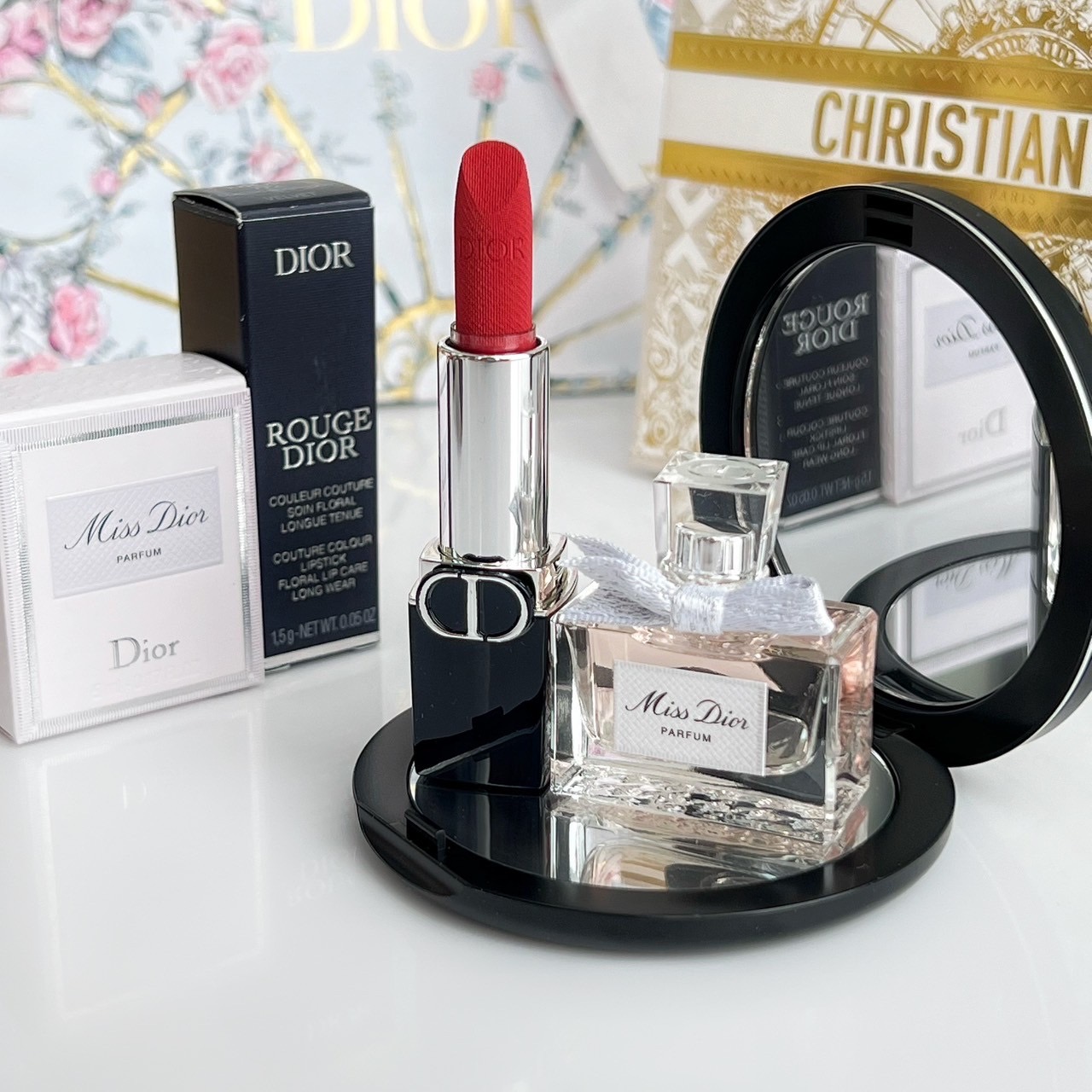 Miss Dior Miniature Set 3 Items. (Perfume , Lip & Pocket Mirror)