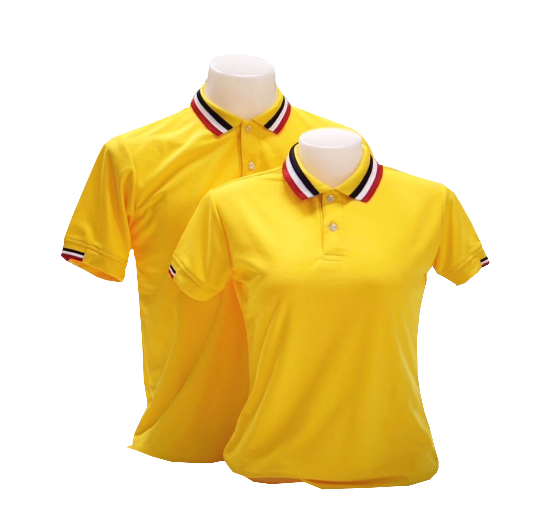 เสื้อโปโลสีเหลือง ปก แขนทอลายเส้นสีขาว ดำ แดง ขายปลีก