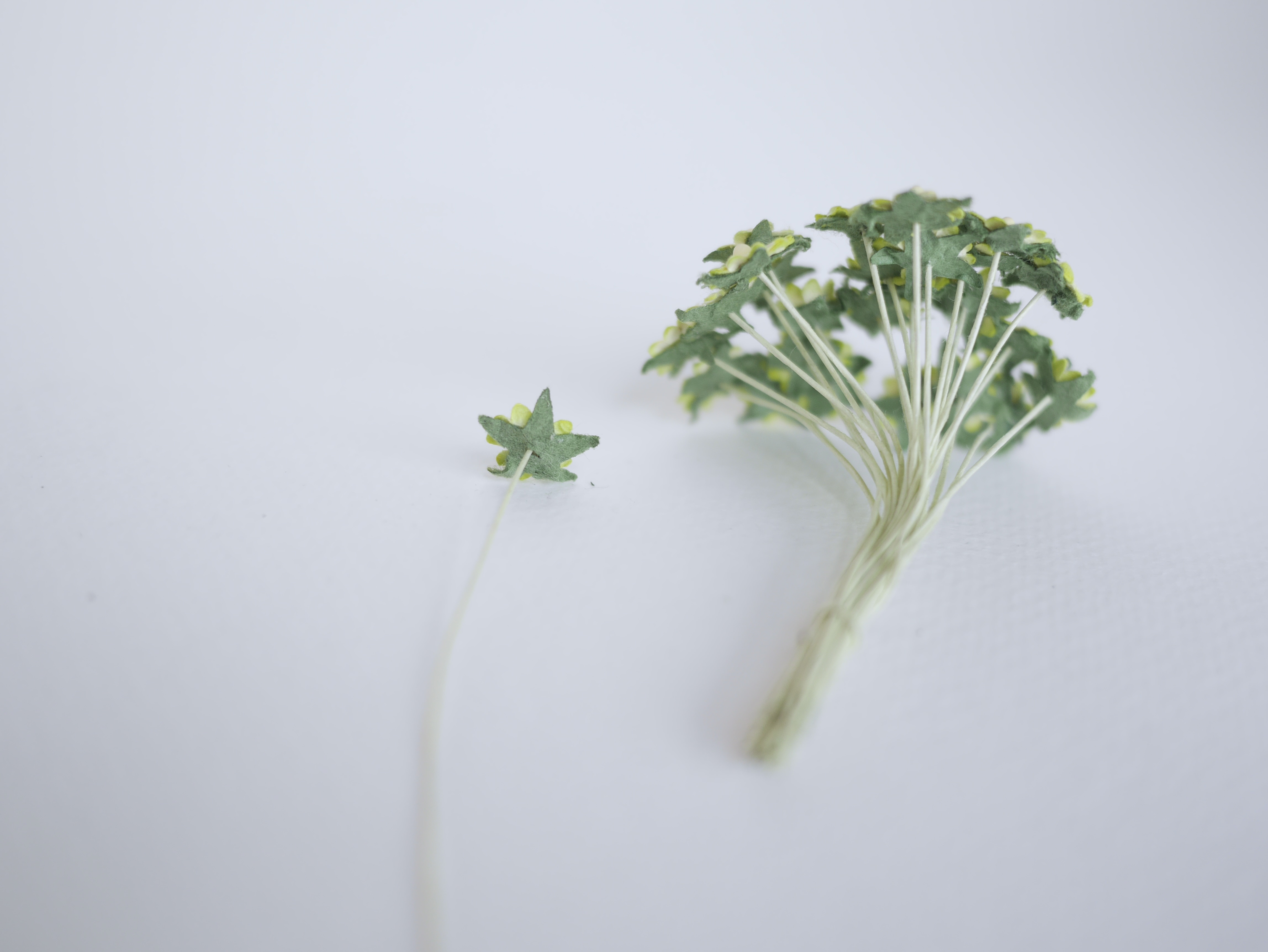 ดอกไม้กระดาษสา ดอกไม้กระดาษสาราคาส่ง ดอกไม้กระดาษสำหรับตกแต่ง งานแต่งงาน หรือติดของชำร่วย ดอกเดซี่ 100 ดอก ขนาด 0.8 cm. สีเขียวอ่อนปัด Small Paper Flower with stem, 100 pcs., size 0.8 cm., daisy flowers 2 layers, green brush color.