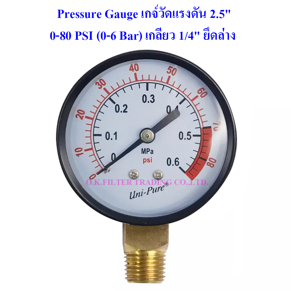 Pressure Gauge เกจ์วัดแรงดัน 2.5" 0-80 PSI (0-6 Bar) เกลียว 1/4" ยึดล่าง