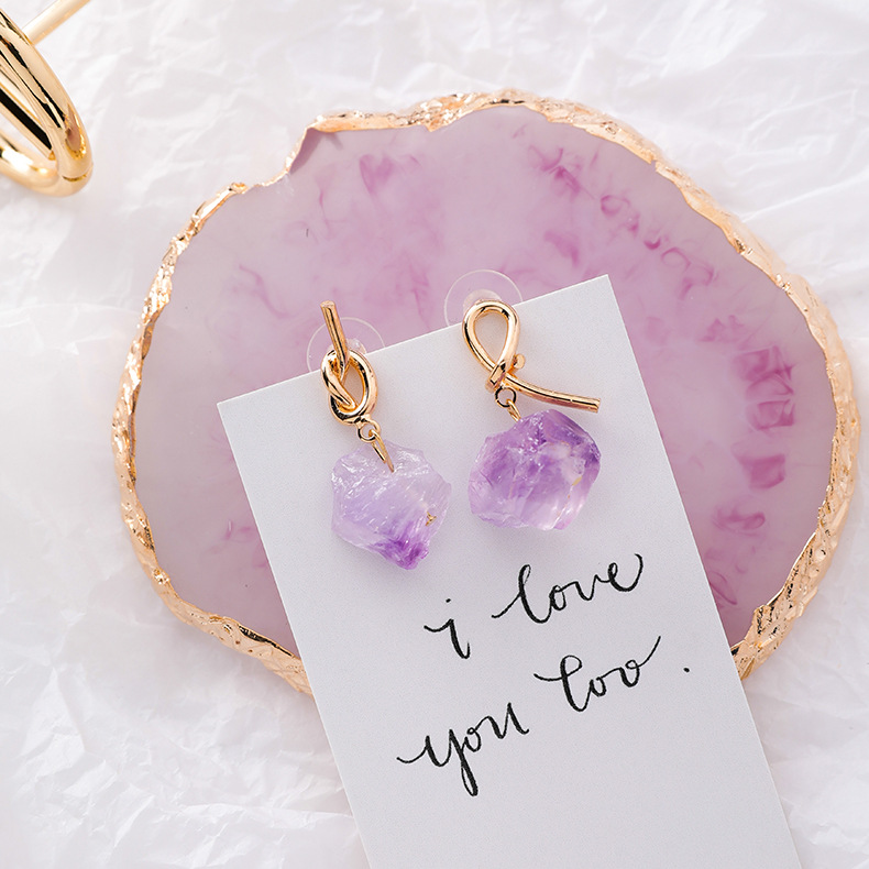 ต่างหูมินิมอล pink gold violet earingประดับด้วยหินอ่อนสีม่วงงานเกาหลี