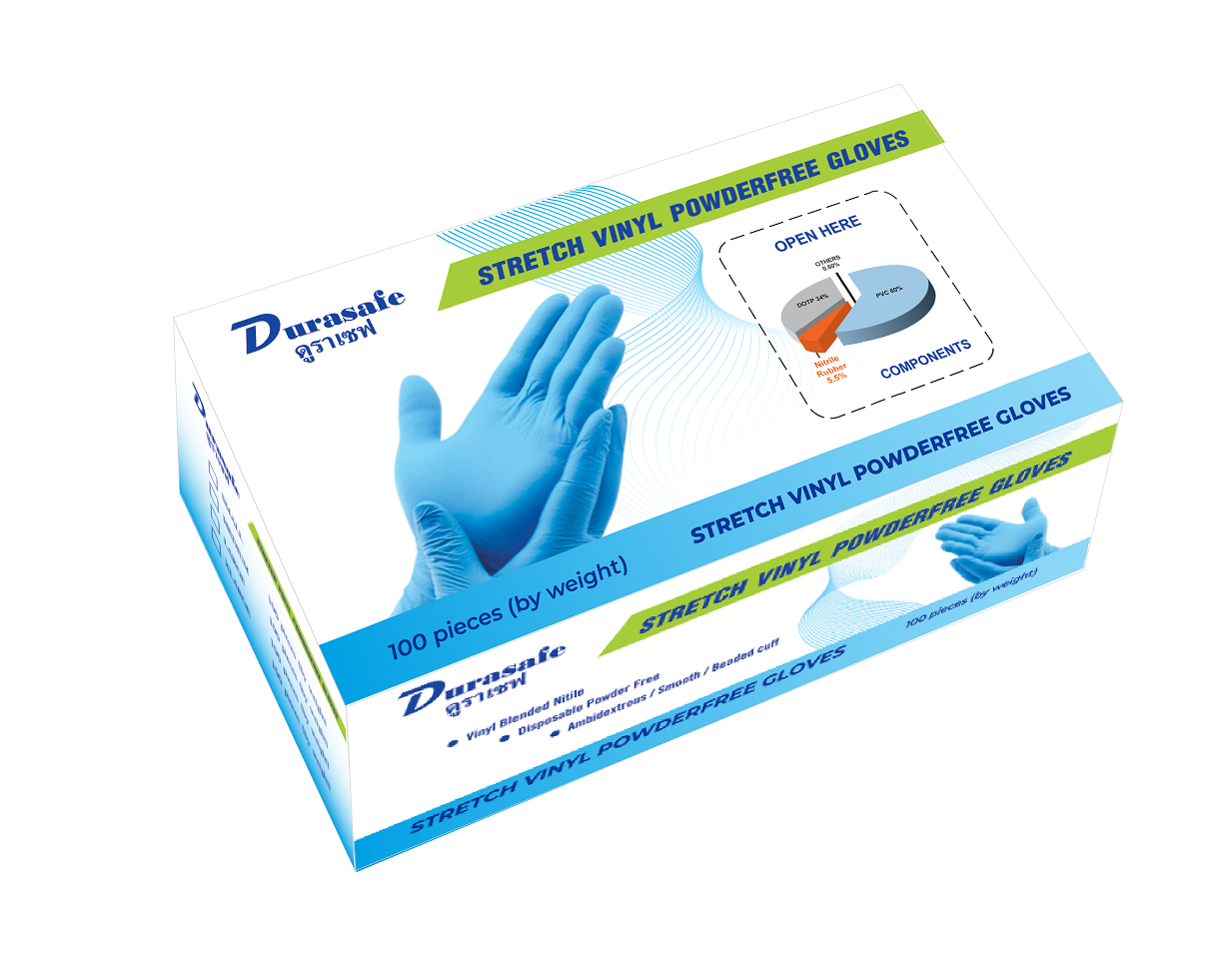 [ยกลัง 10 กล่อง] VBL50 ถุงมือไวนิลผสมไนไตร สีฟ้า ไม่มีแป้ง ยาว 9 นิ้ว หนา 4 มิล หนัก 5 กรัม (100ชิ้น/กล่อง) แบรนด์ ดุราเซฟ