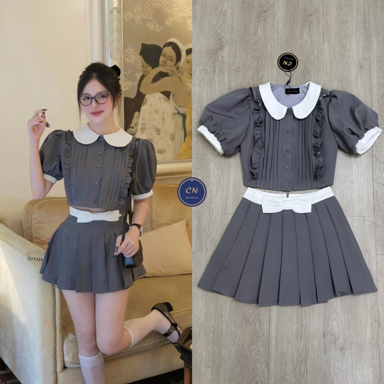 (ป้าย Chanat) Set 2 ชิ้น สีเทา เสื้อครอปคอบัวสีขาวกับกระโปรงสั้นเอวสูงจับจีบรอบ