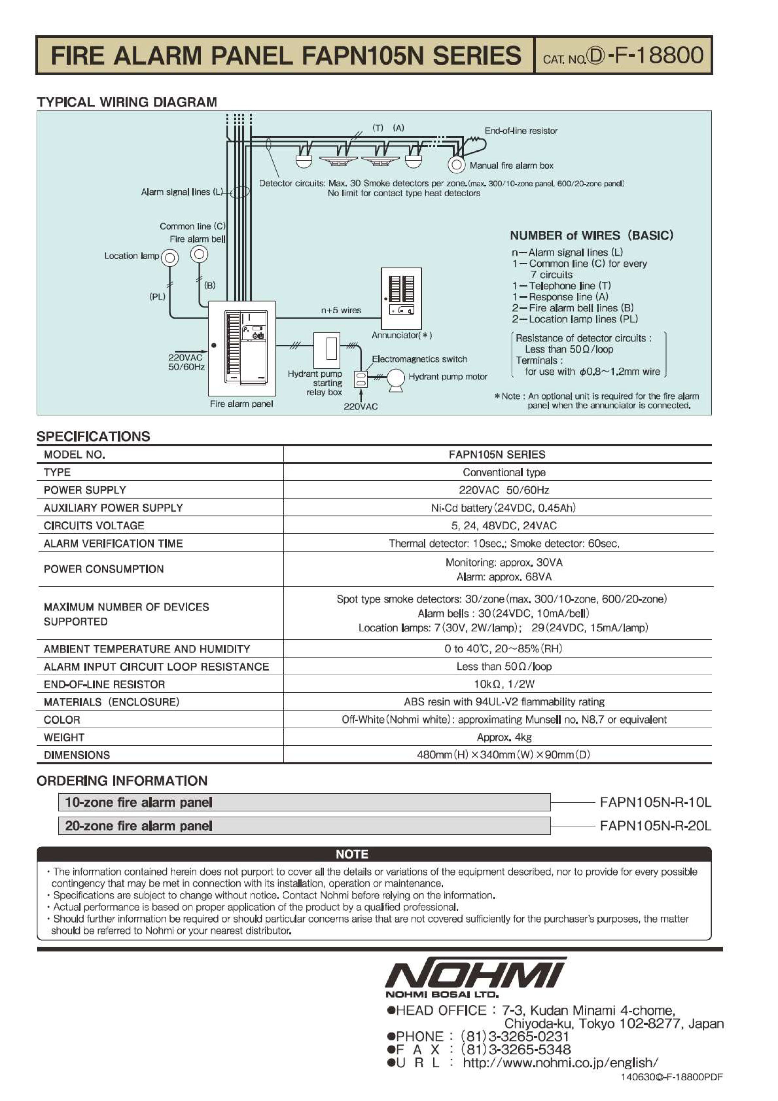 "NOHMI" Model FAPN105N-R-20L Fire Alarm Control Panel ,Wall Type
