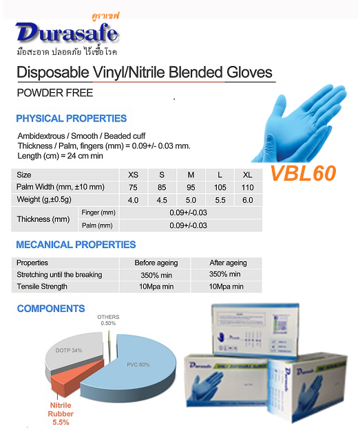 [ยกลัง 10 กล่อง] VBL50 ถุงมือไวนิลผสมไนไตร สีฟ้า ไม่มีแป้ง ยาว 9 นิ้ว หนา 4 มิล หนัก 5 กรัม (100ชิ้น/กล่อง) แบรนด์ ดุราเซฟ