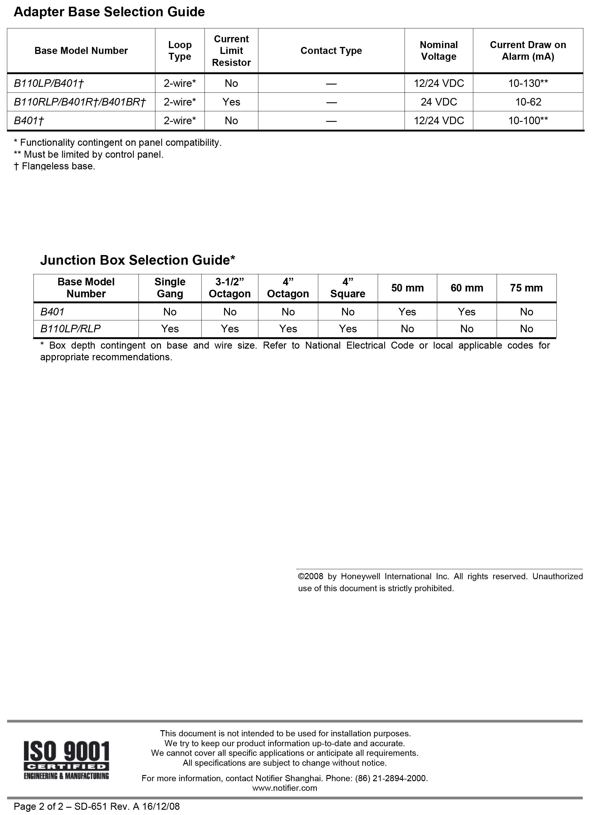 "SD-651" NOTIFIER Low-Profile Plug-In Smoke Detectors, 2-wire, UL listed, USA