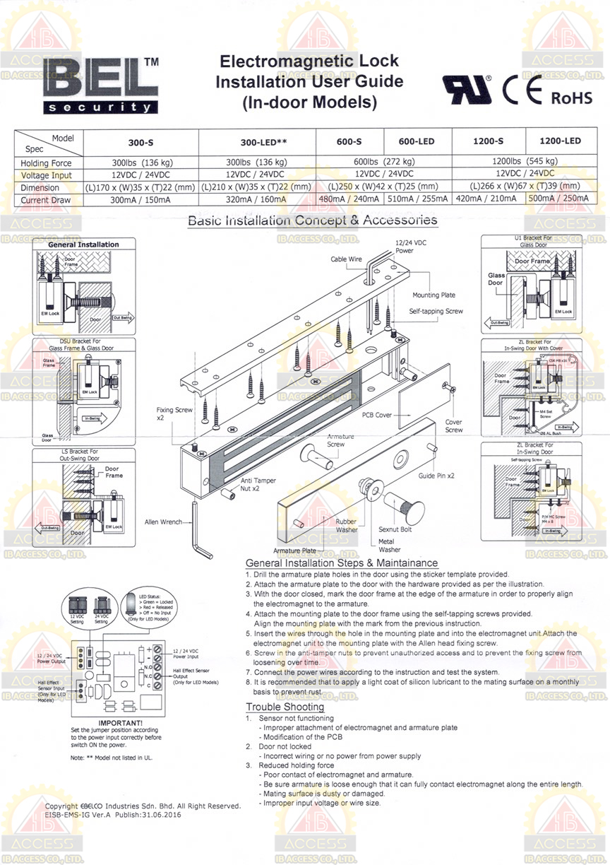 Magnetic Lock 600 lbs. ยี่ห้อ BEL รุ่น 600LED พร้อม LZ Bracket
