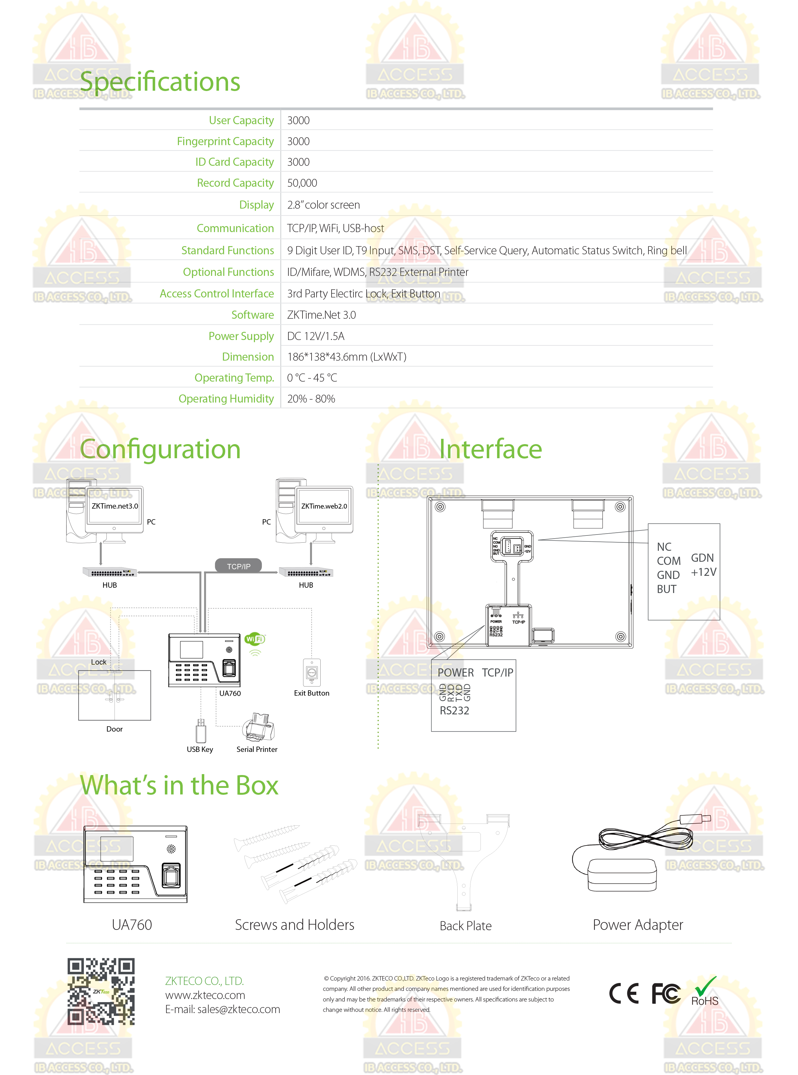 เครื่องสแกนลายนิ้วมือ ยี่ห้อ ZKTeco รุ่น UA760 รองรับระบบ Access Control