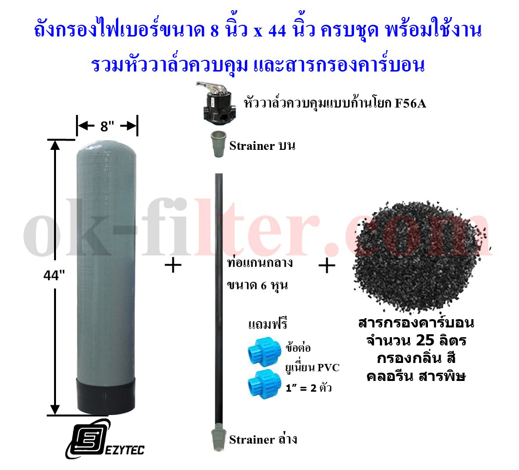 ชุดถังไฟเบอร์ กรองกลิ่น สี คลอรีน 8"x44" พร้อมอุปกรณ์ครบชุด (รวมค่าขนส่ง)