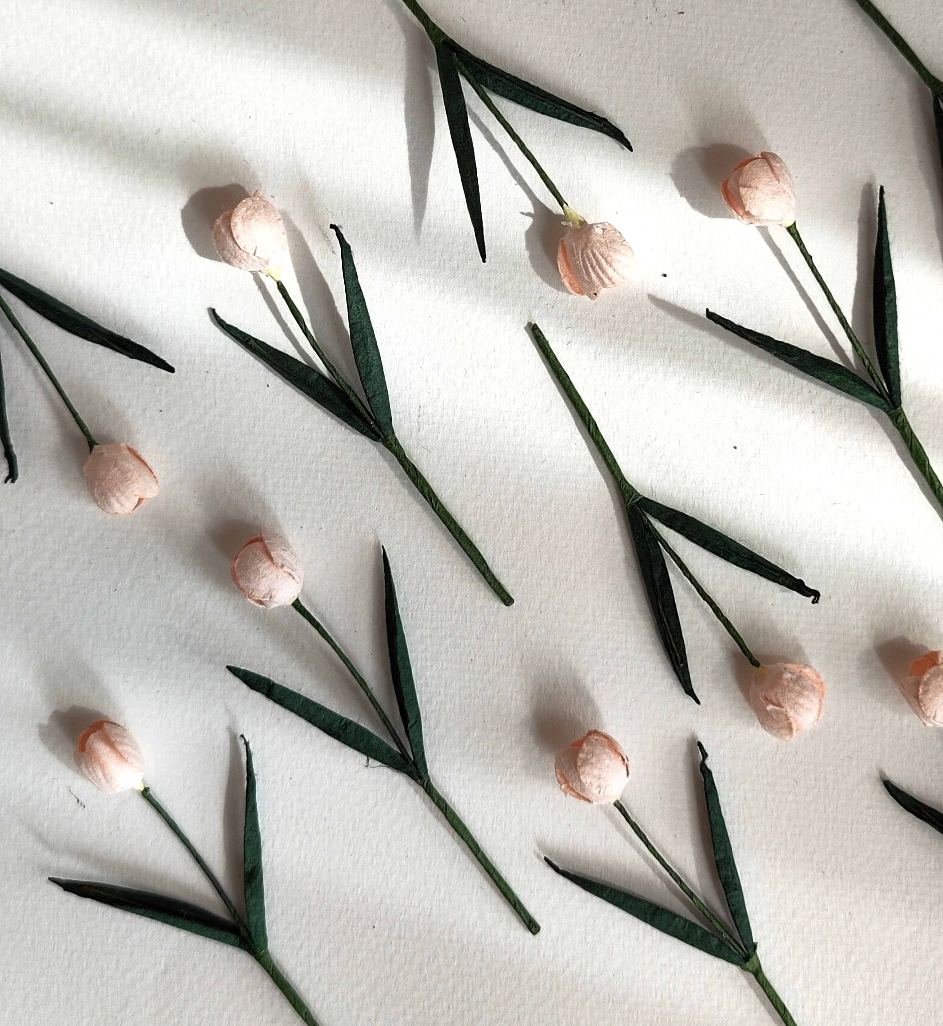 ดอกไม้ประดิษฐ์, ดอกไม้กระดาษสา, ดอกtulips, ดอกทิวลิปส์, ก้านสีเขียว เกสรสีขาว งานประดิษฐ์ตกแต่งของชำร่วย, ทำการ์ดรับเชิญ, ช่อดอกไม้ขนาดเล็ก, ขนาด 1.5 cm. สีชมพูพีชอ่อน, pale pinkcolor.