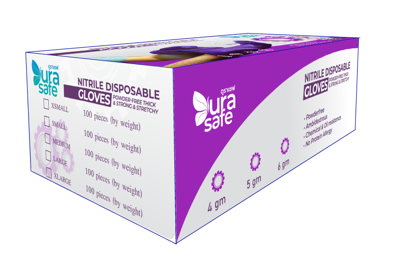 [ยกลัง 10 กล่อง] PUR60 ถุงมือไนไตรสีม่วง ไม่มีแป้ง พรีเมี่ยม ยาว 9 นิ้ว หนา 4.5 มิล หนัก 5-6 กรัม (100ชิ้น/กล่อง) แบรนด์ ดูราเซฟ
