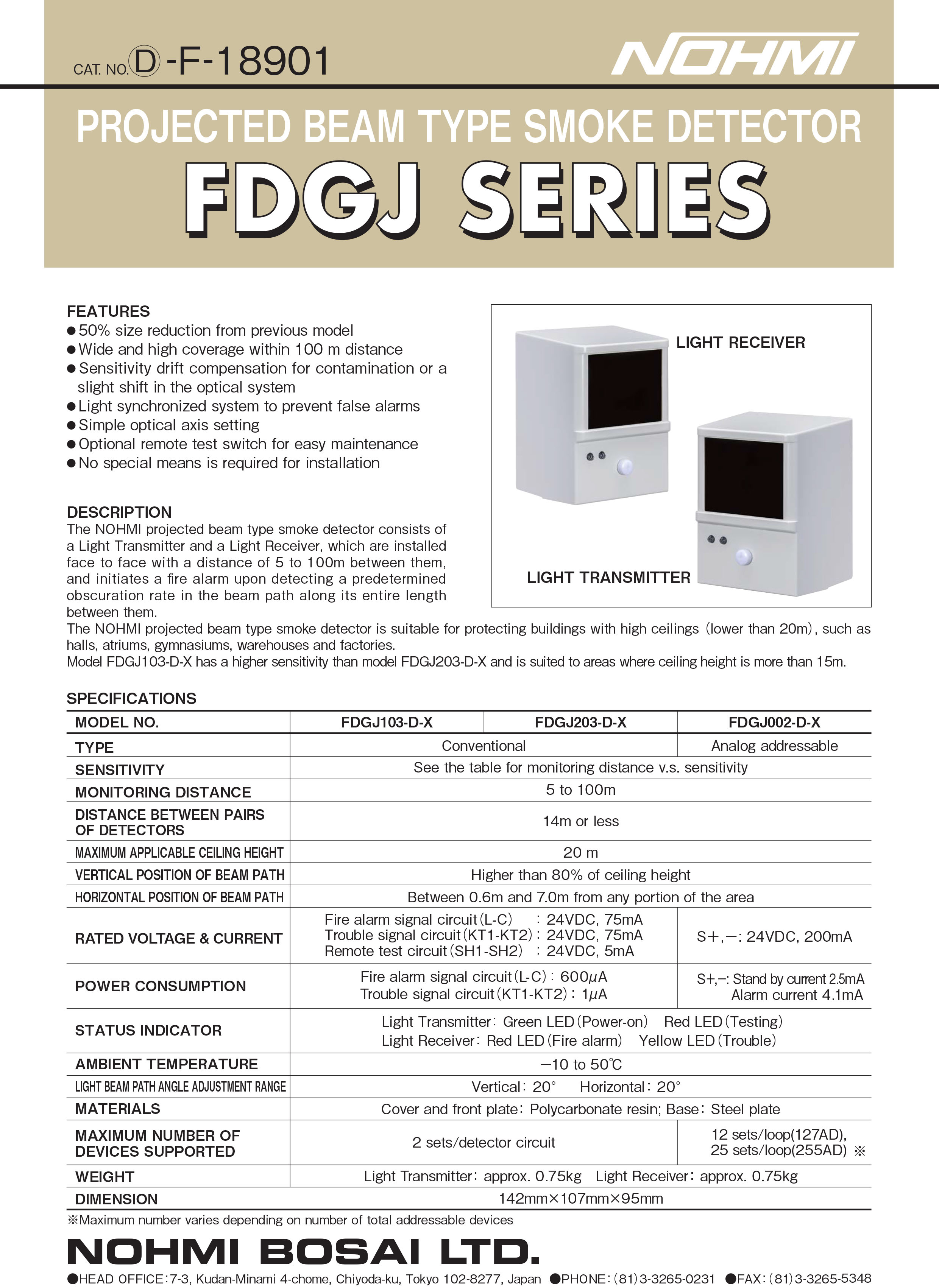 "NOHMI" Model FDGJ203-D-X Projected Beam Type Smoke Detector ,Type
