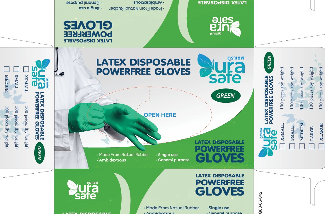 [ยกลัง 10 กล่อง] GRN60 ถุงมือยางธรรมชาติ สีเขียว ไม่มีแป้ง ยาว 9 นิ้ว หนา 5 มิล หนัก 6 กรัม (100ชิ้น/กล่อง) แบรนด์ ดูราเซฟ