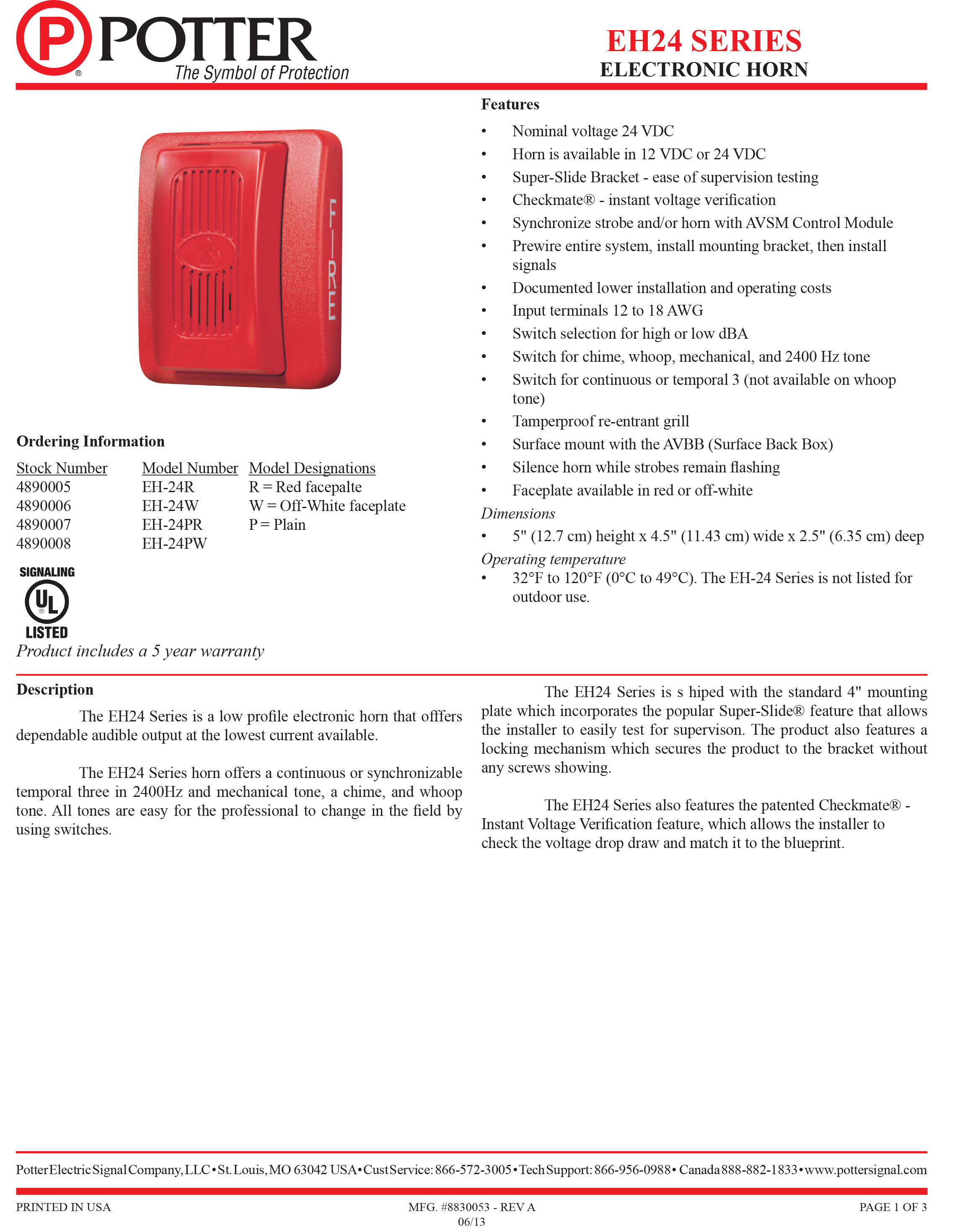 "NOHMI" Model EH-24R Notification Appliances and Lamps