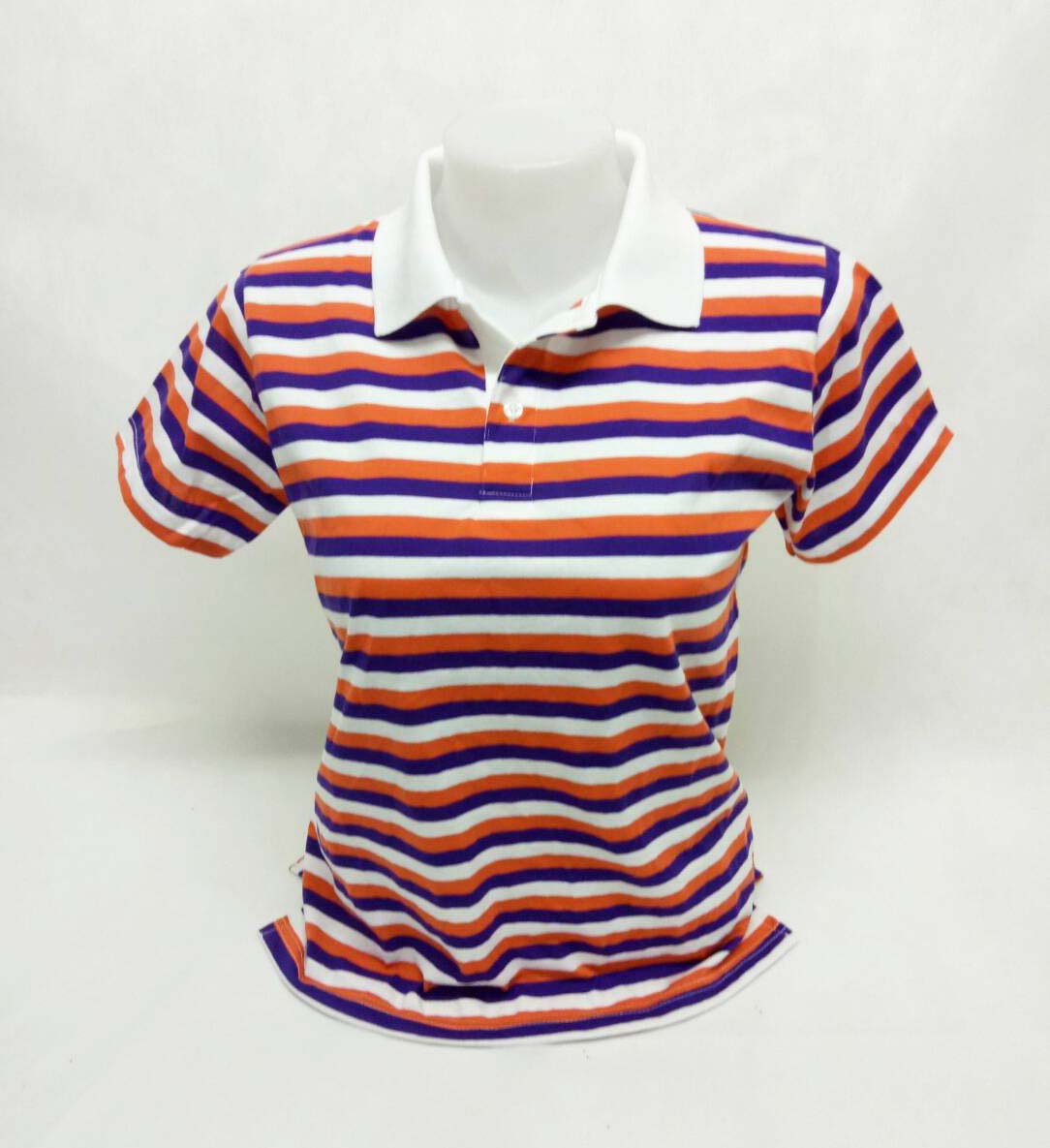 เสื้อโปโลลายทาง เสื้อโปโลลายริ้ว สีม่วง ส้ม ขาว ปกสีขาว