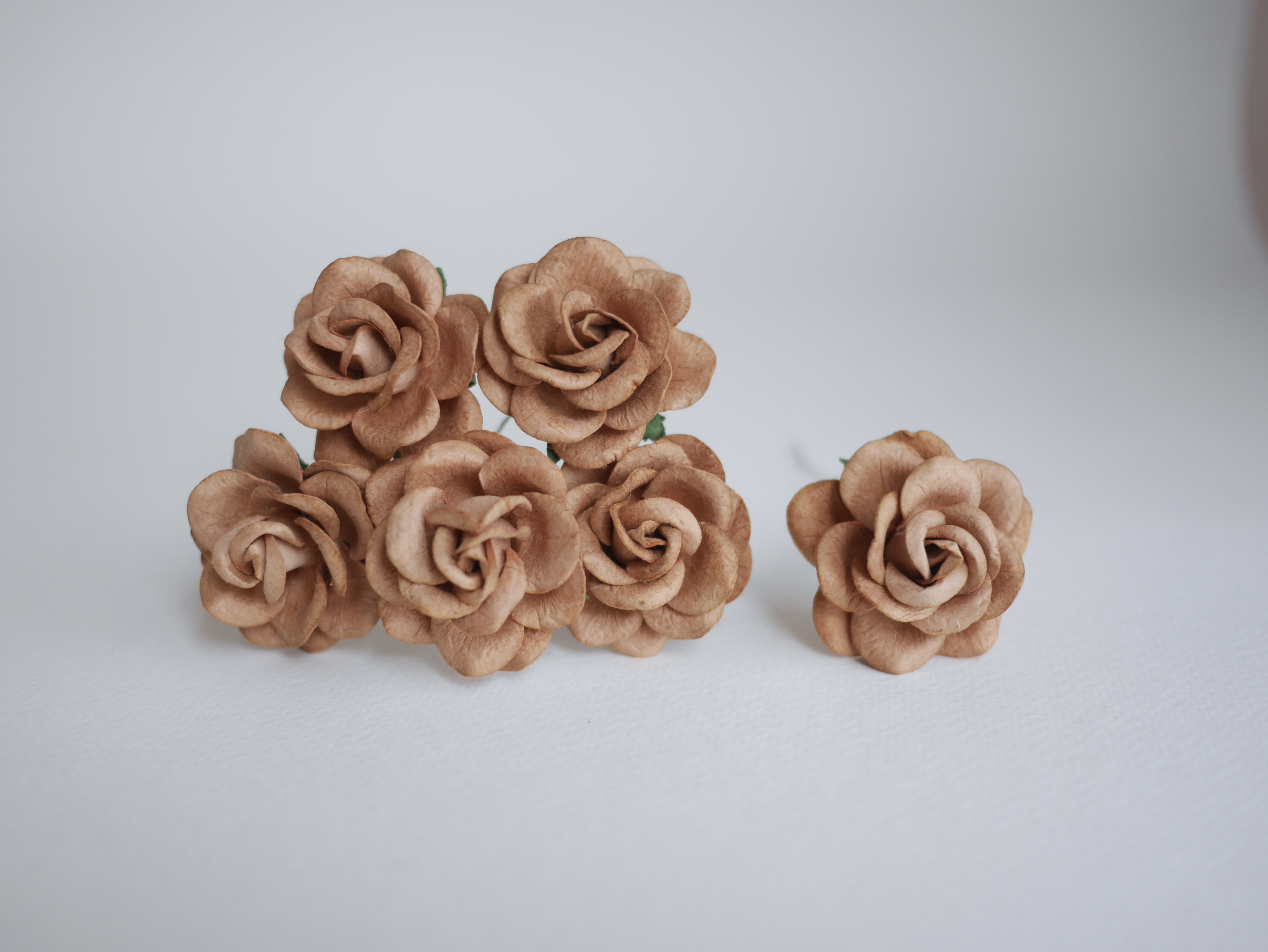 ดอกไม้กระดาษสา ดอกกุหลาบกระดาษสา ดอกไม้กุหลาบ กลีบโค้ง ดอกไม้ประดิษฐ์ สำหรับตกแต่ง หรืองานแต่งงาน สีน้ำตาลกลาง ขนาด 3.5 cm. จำนวน 25 ดอก Paper flowers, handmade flowers, DIY supplies small roses paper size 3.5 cm. 25 pieces, medium brown color.