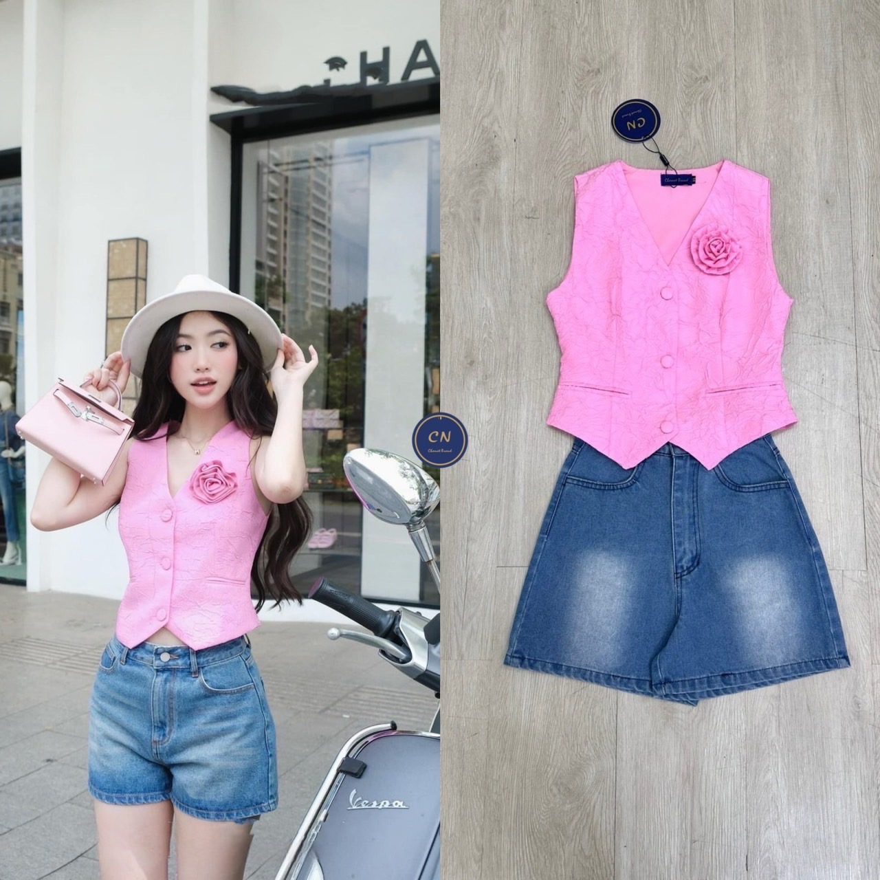 (ป้าย Chanat) XS l S l M l L เซต 2ชิ้น เสื้อแขนกุดทรงกั๊กสีชมพูกับกางเกงยีนขาสั้น