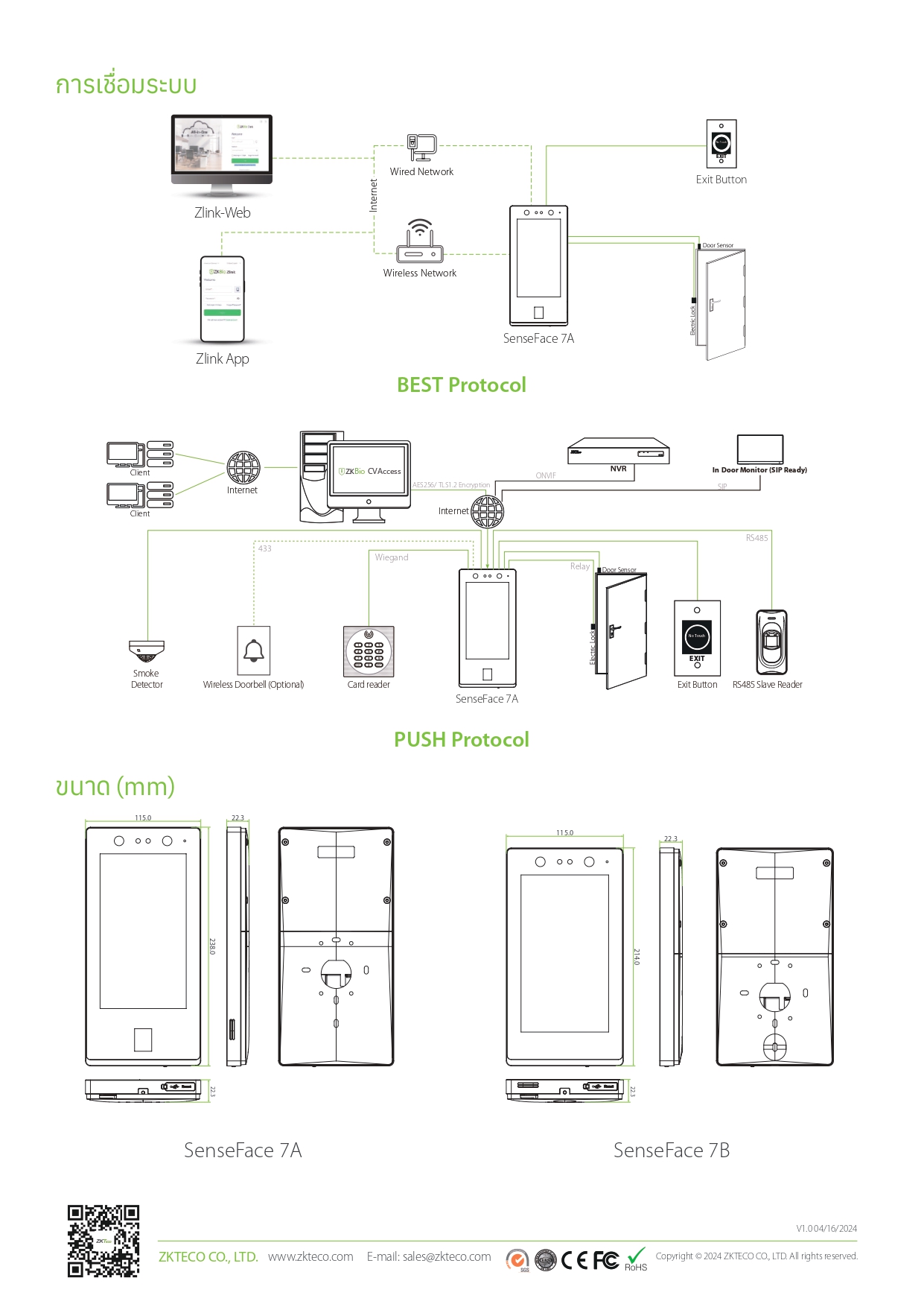 เครื่องสแกนใบหน้า ยี่ห้อ ZKTeco รุ่น SenseFace 7A รองรับระบบ Access Control