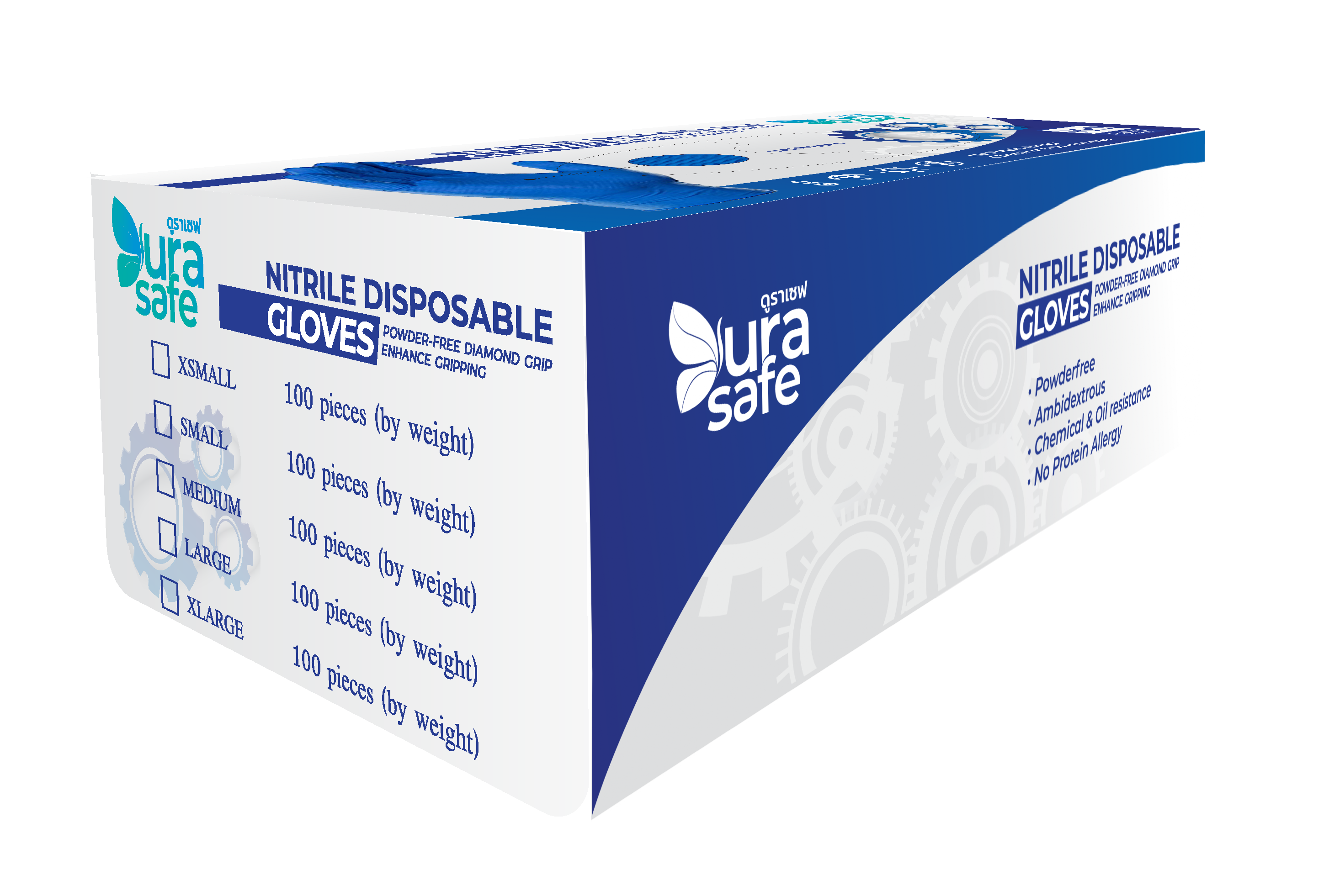 [ยกลัง 10 กล่อง] NDB55 ถุงมือไนไตรสีน้ำเงิน ไดมอนด์กริบ รุ่นหนา 4 มิล ยาว 9 นิ้ว หนัก 5.5 กรัม (100ชิ้น/กล่อง) แบรนด์ ดูราเซฟ